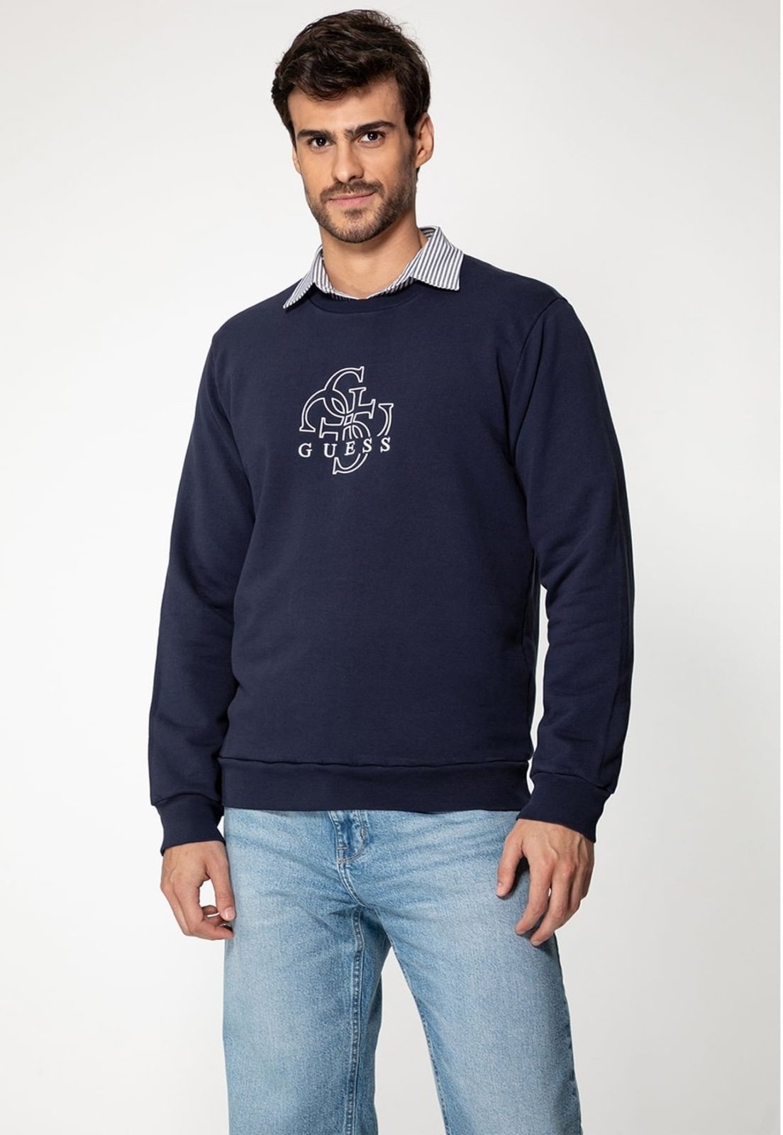 Blusa de Moletom Guess Logo 4G Bordado Azul Escuro