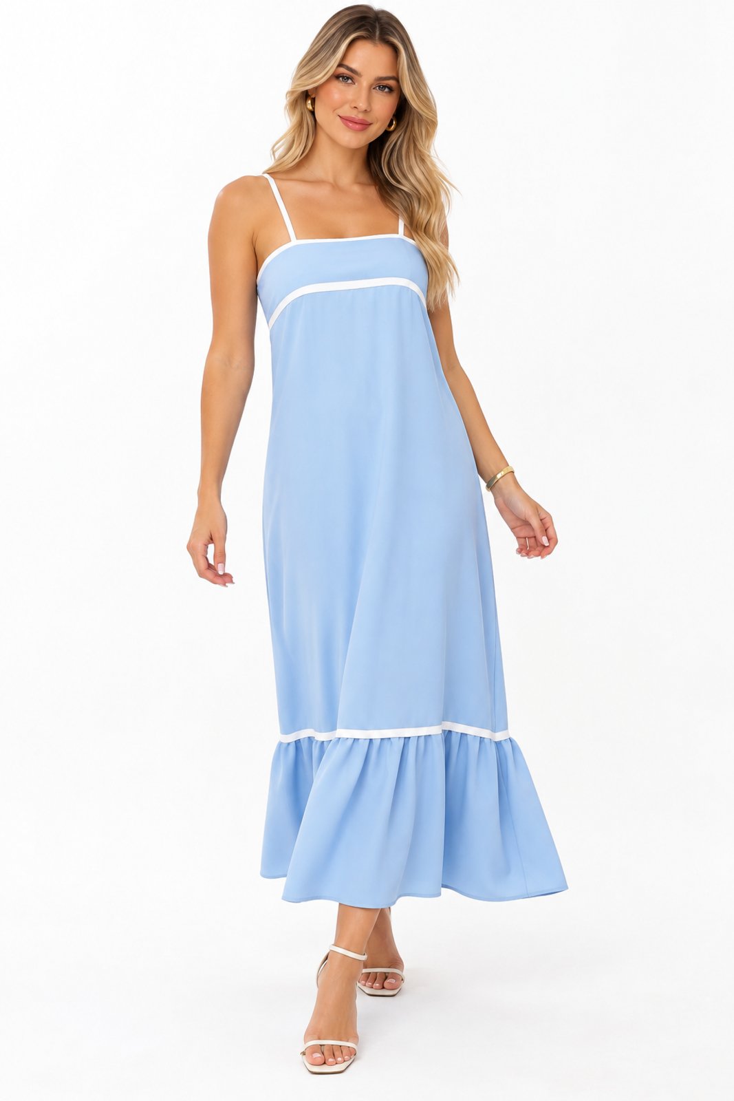 Vestido Midi D Bell Outlet Fashion Alças Finas e Babado na Barra Azul
