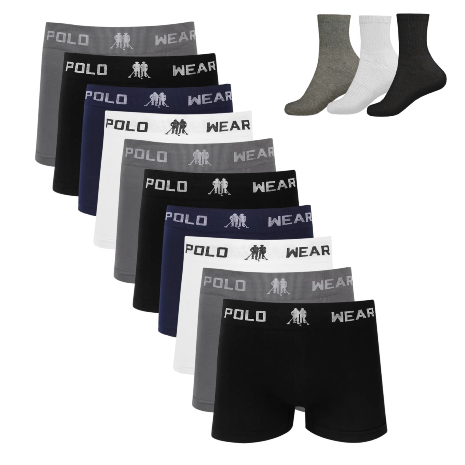 Kit 10 Cueca Boxer Polo Wear Microfibra Sortido 3 Meias M15 Colorido