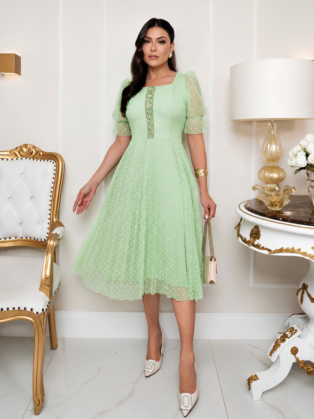 Vestido Midi de Festa Tule Poa Manga Princesa Bufante Modesto Casamento Civil Madrinha Verde