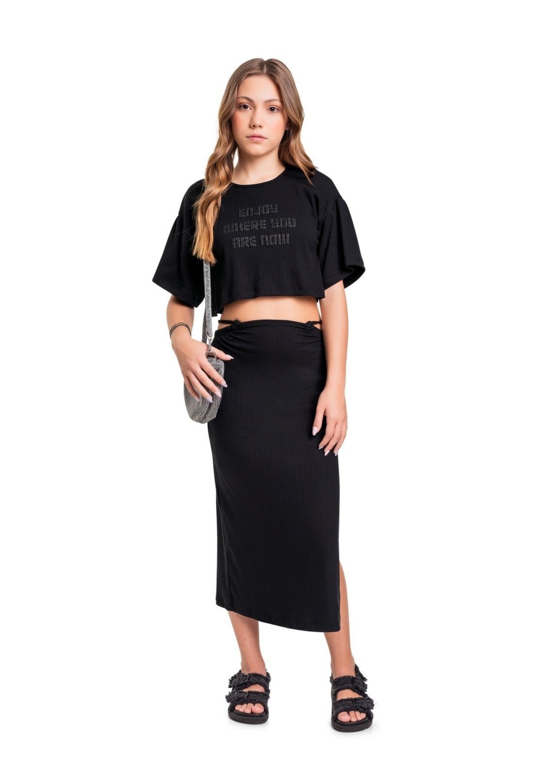 Infantil - Conjunto Blusa Cropped e Saia Midi em Ribana Gloss Preto