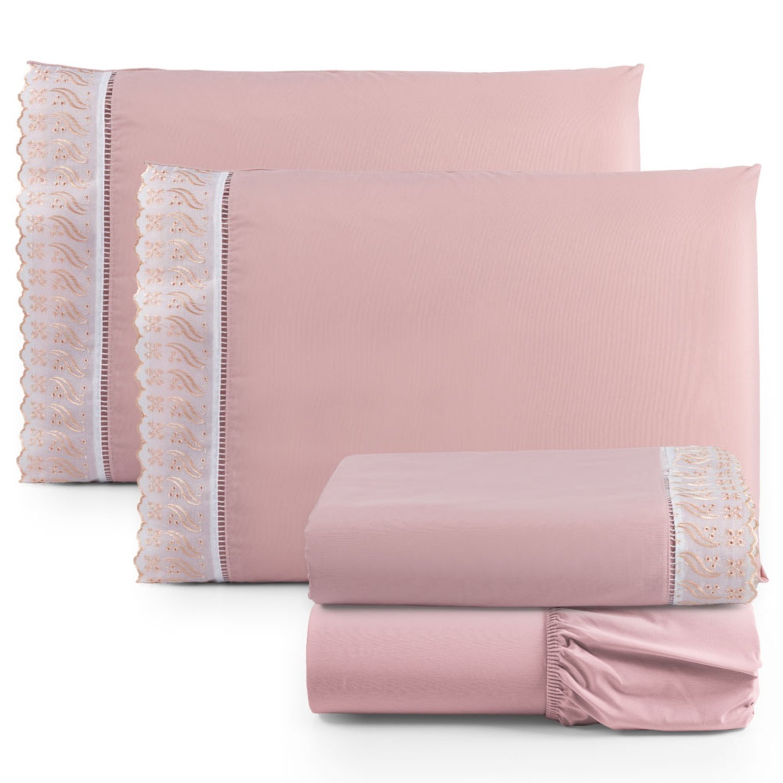 Jogo Cama Lençol Casa Scarpa Paris King Percal 180 Fios Algodão Lese Bordada 4 Peças - Rosê