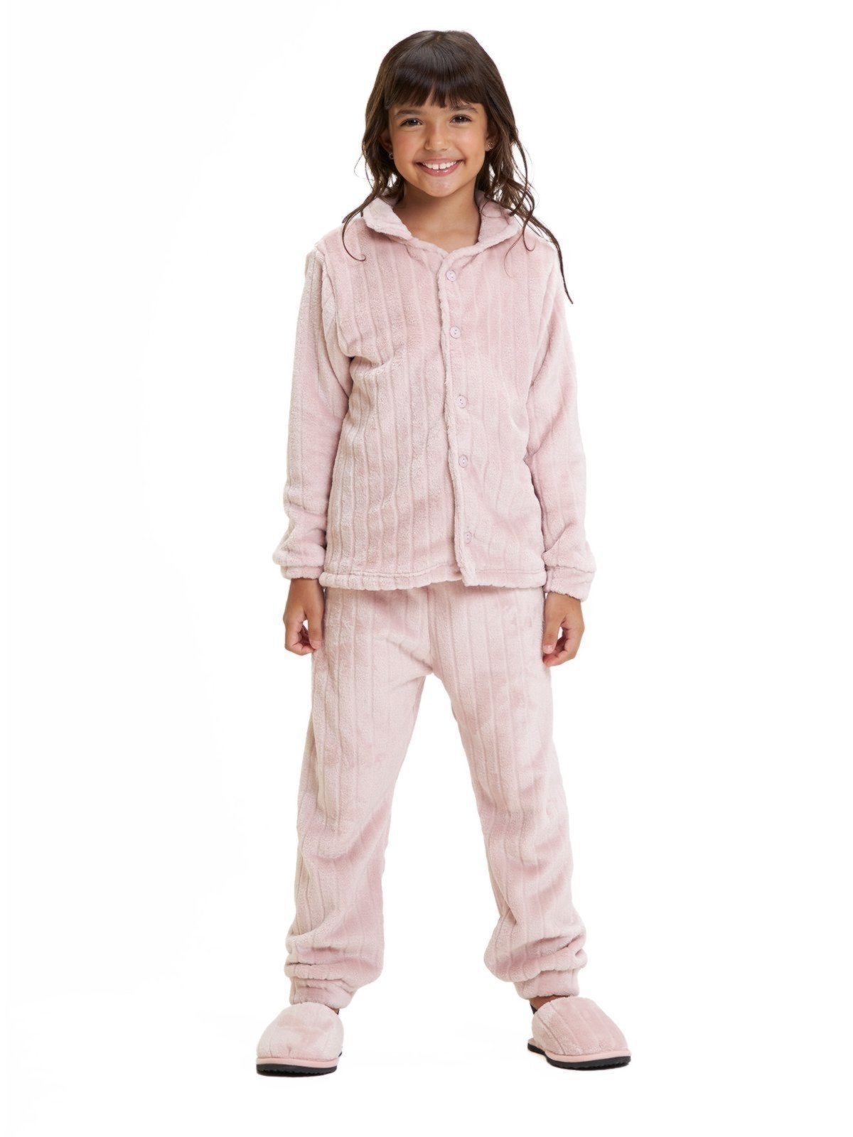 Pijama Americano em Fleece Magicamente Canelado Rosa