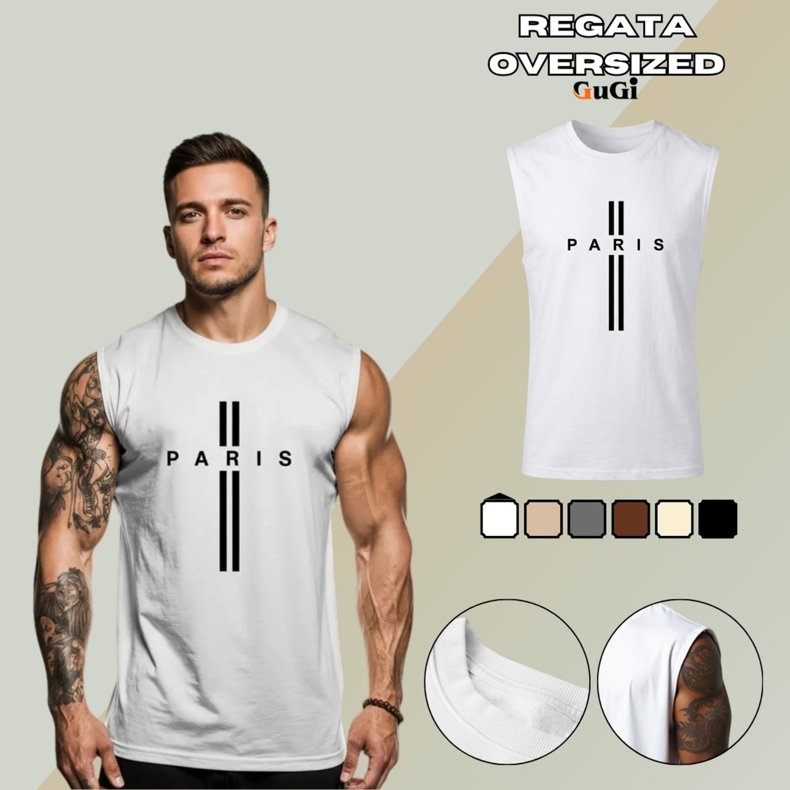Camiseta Regata Masculina Oversized Estampada Cruz Paris França Branco