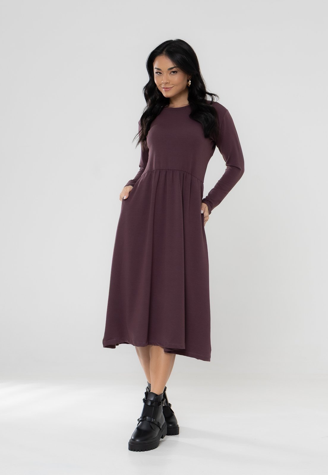 Vestido Aura Agnes Manga Longa Moletinho Marrom