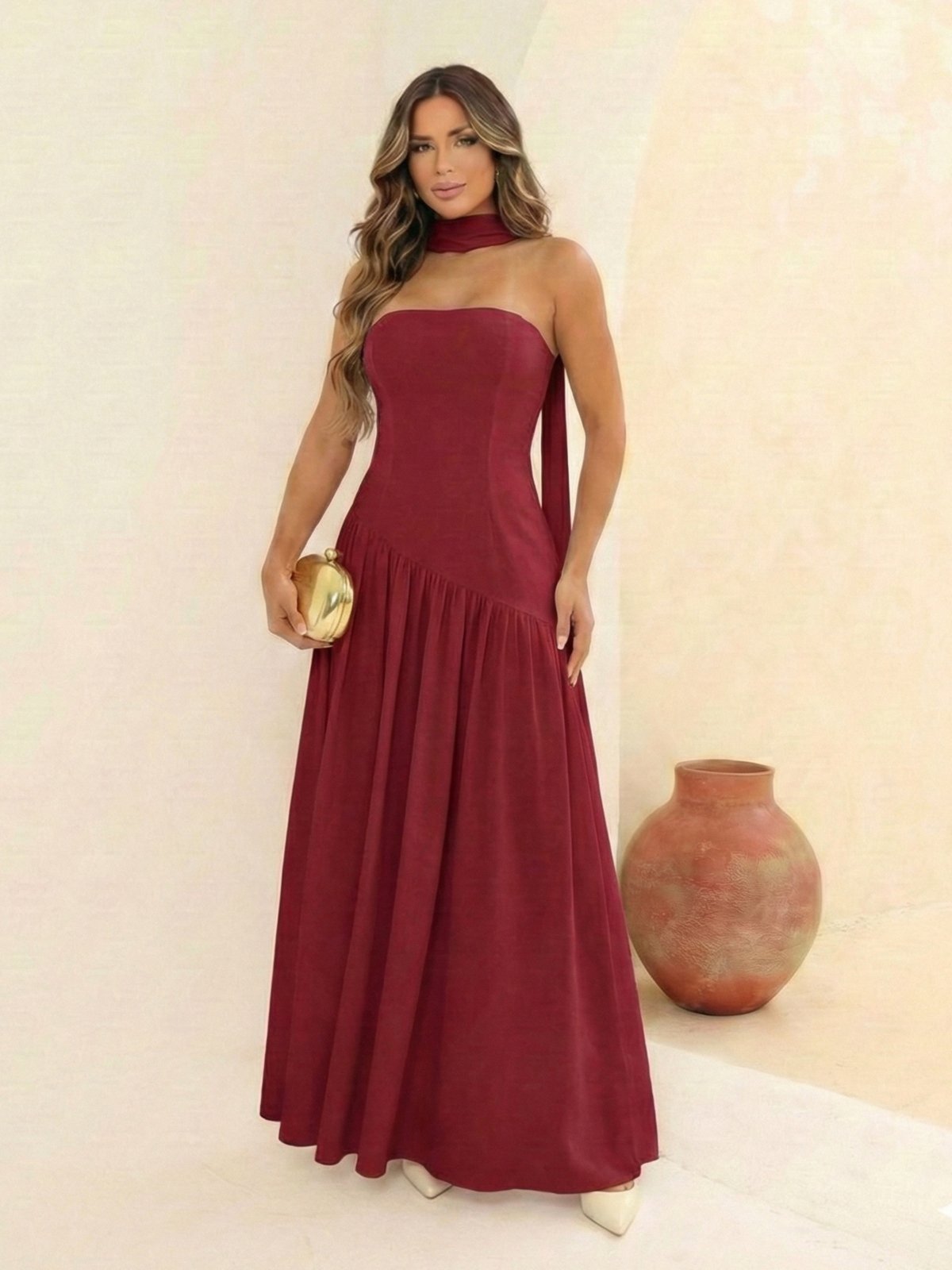 Vista 2 Vestido Maxi Feminino Elegante Tomara Que Caia Com Echarpe No Pescoço E Saia Fluida Cintura Assimentrica - Marsala FS CONCEPT bordô FS CONCEPT bordô