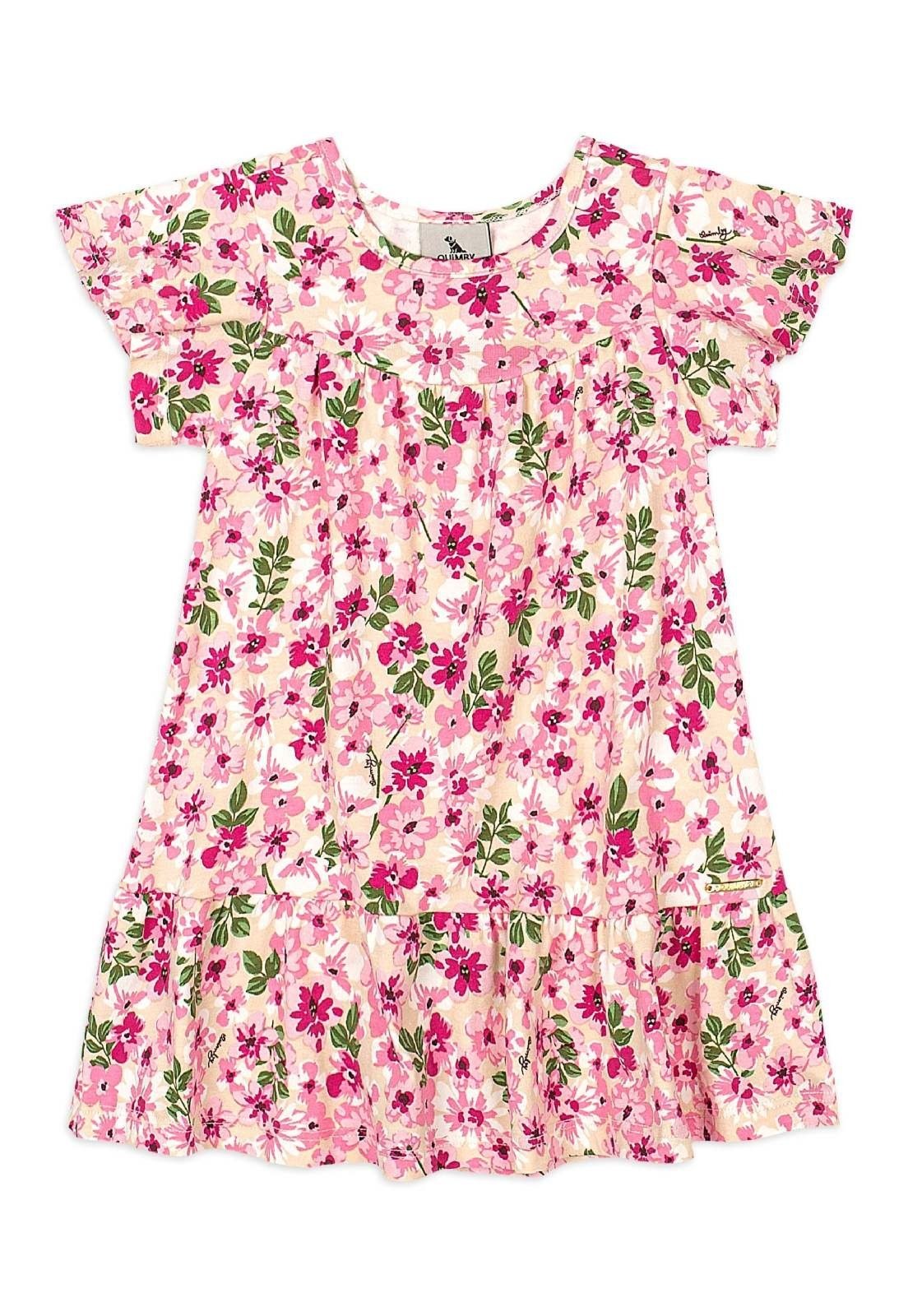Infantil - Vestido Floral Cotton Recortes Quimby Bege