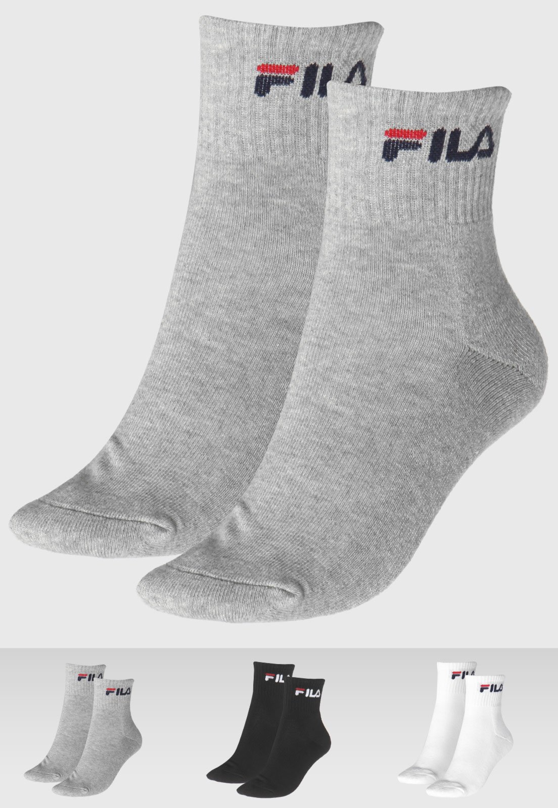 Kit 3pçs Meia Fila Cano Médio Logo Branco/Cinza