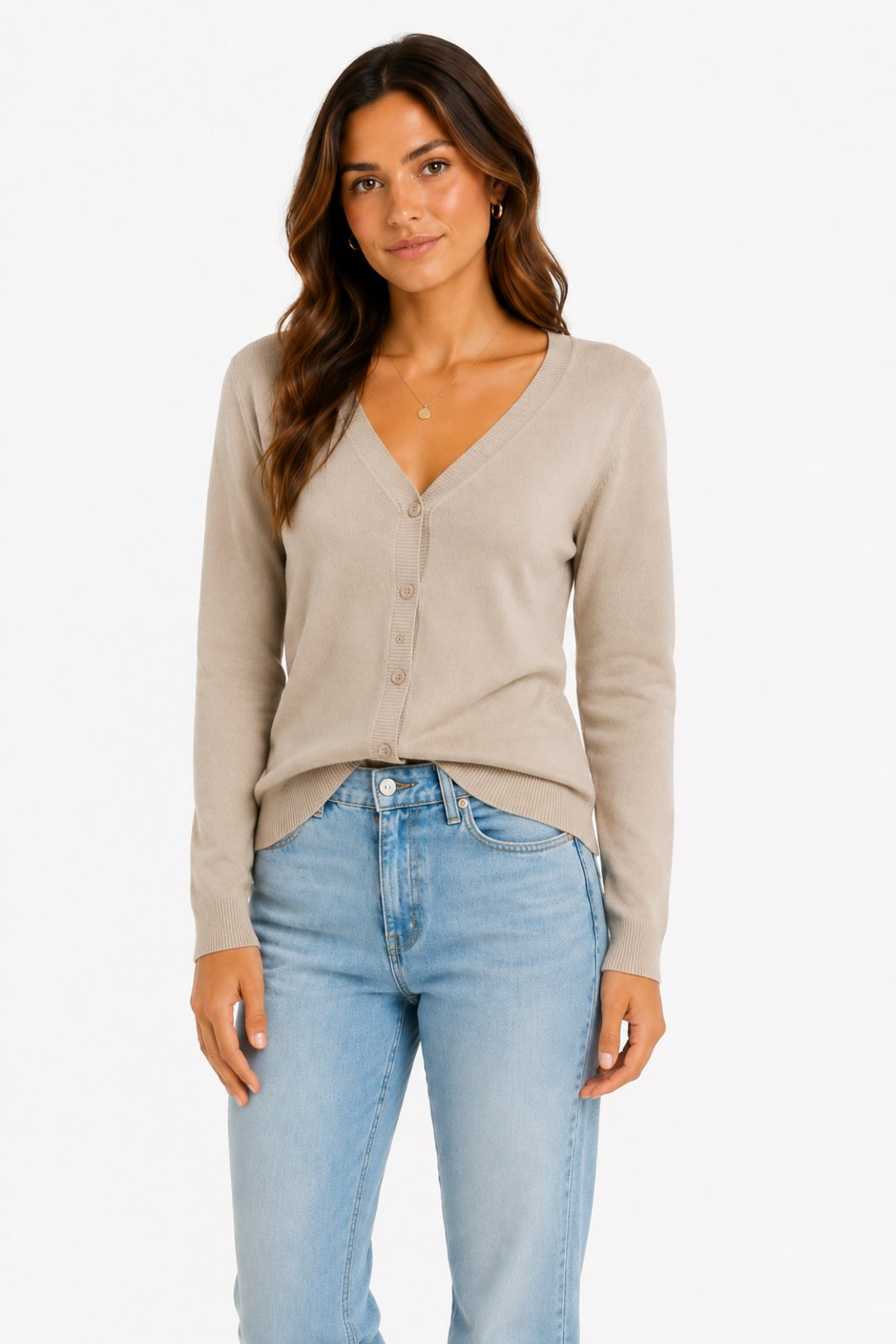 Cardigan Feminino D Bell Outlet Fashion Botão Bege