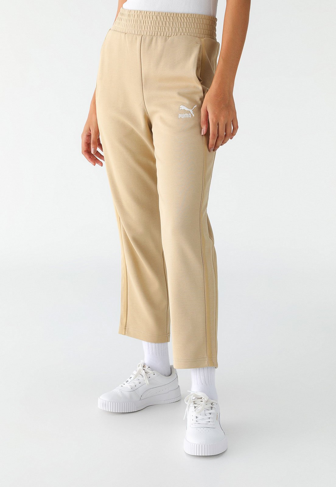 Calça de Moletom Puma Reta Logo Bege