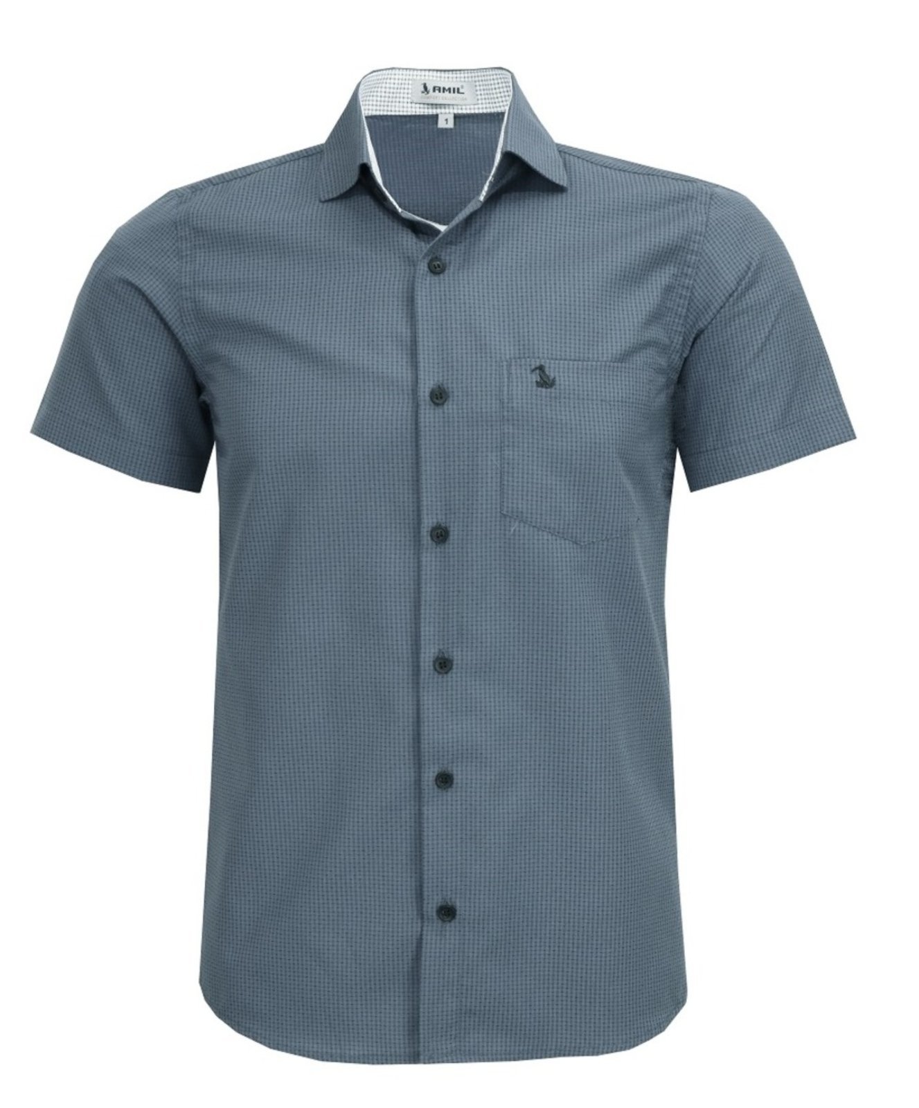 Camisa Social Amil Estampado Comfort Ferrix Manga Curta Misto Com Bolso Chumbo