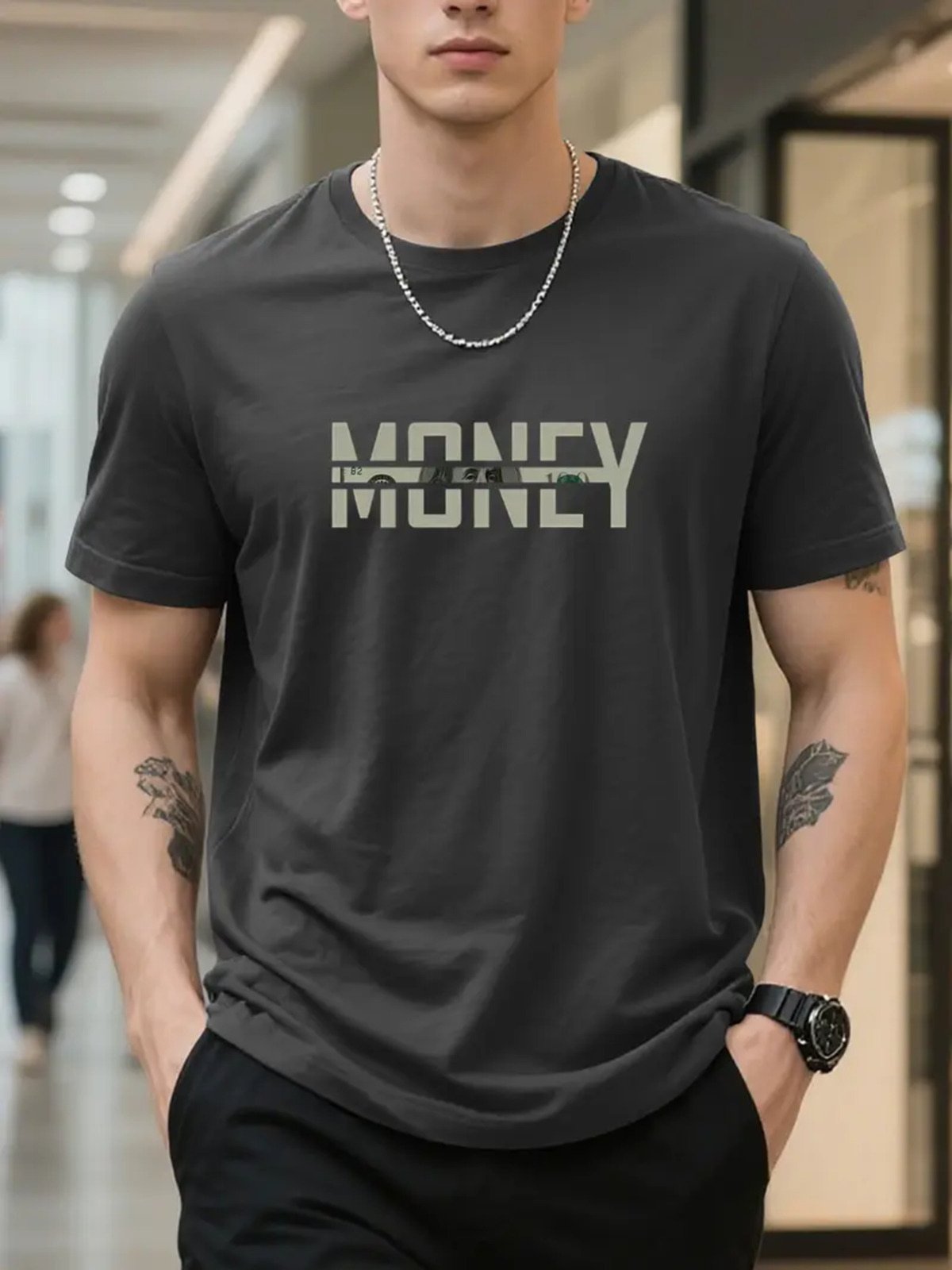 Camiseta Estampada Money Me Safira Moda Algodão Cinza Chumbo
