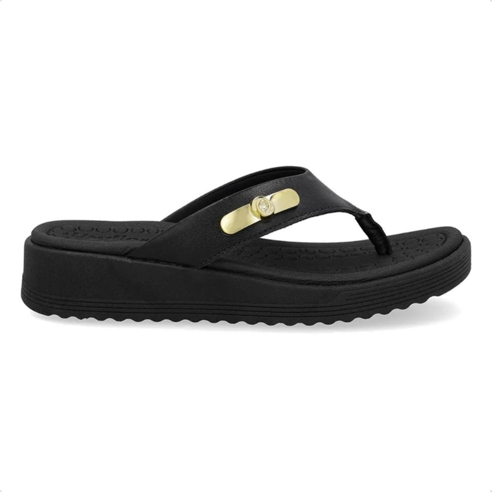 Chinelo Usaflex Feminino Salto Baixo Couro Enfeite Casual UD13001 Preto