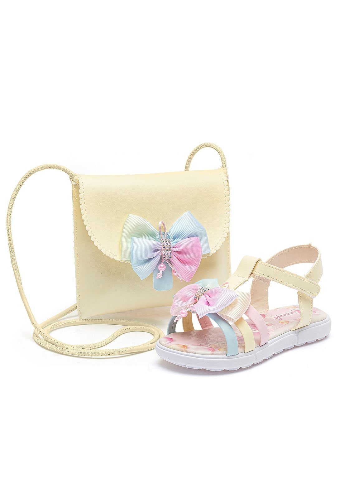 Infantil - Kit Sandália Rasteirinha Bolsa Menina Laço Brilho Festa Mzkid