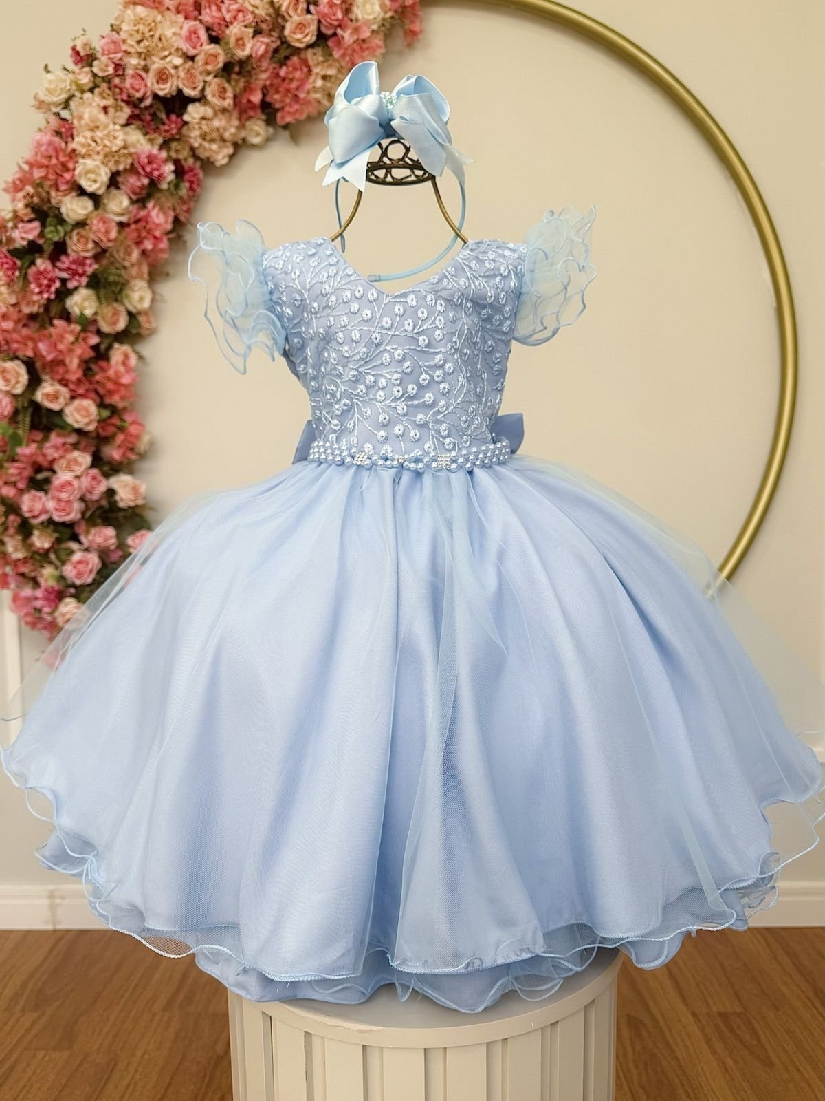 Infantil - Vestido Festa Azul Claro Serenity Renda Pérolas Formatura Florista Casamento Dama Daminha Social Menina Juvenil Princesa Rodado Aniversário Luxo