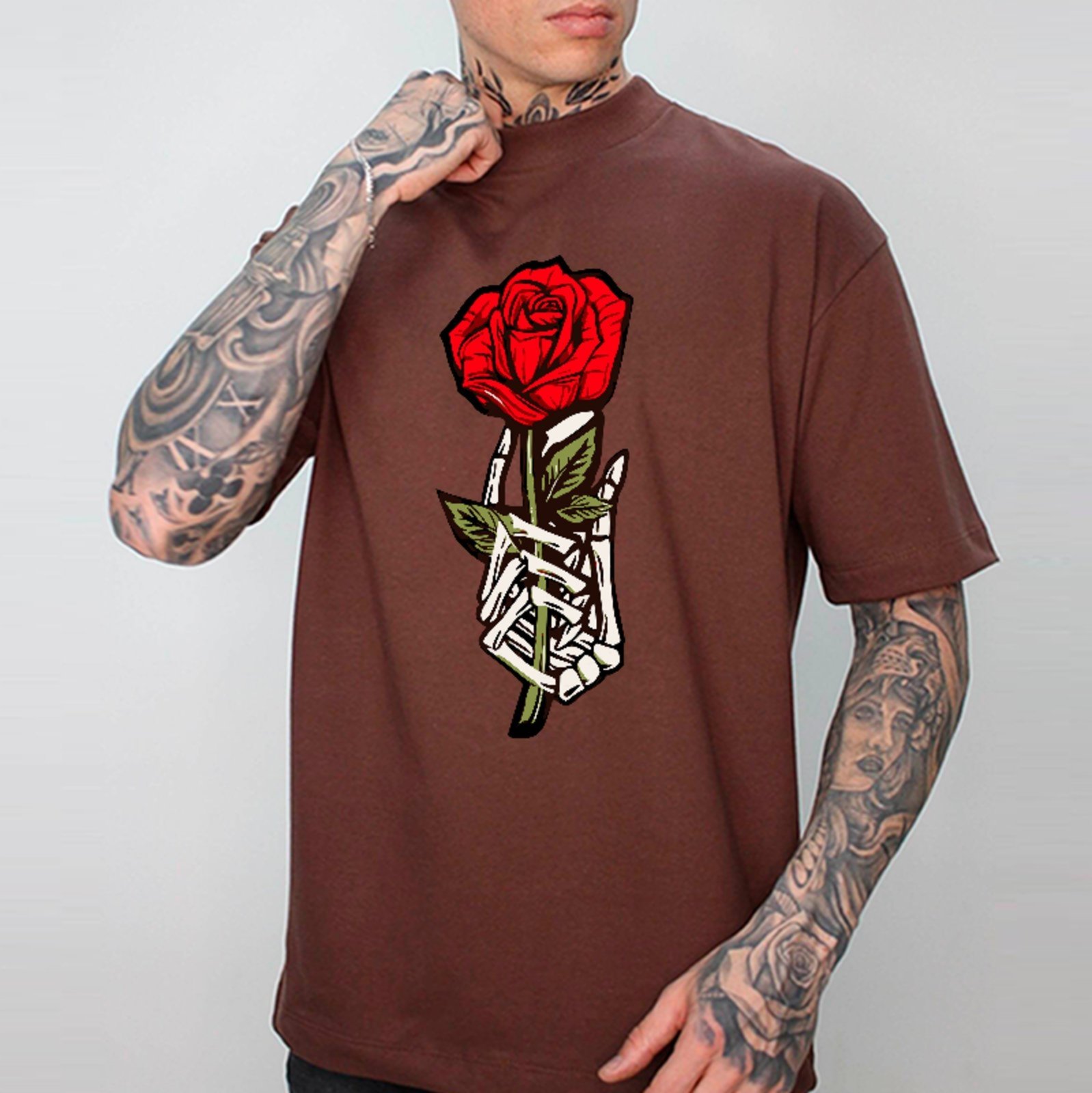 Camiseta Oversized Rosa Caveira Gothic Streetwear Unissex Marrom