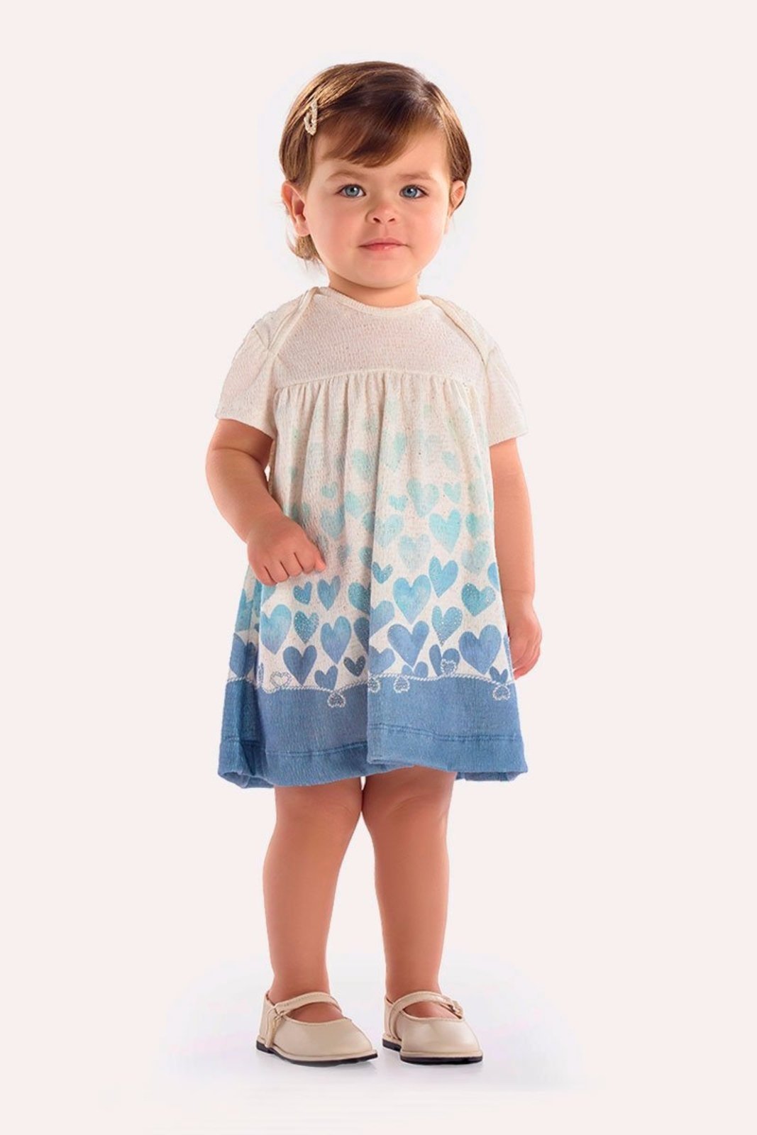 Infantil - Vestido Corações Azul com Textura e Strass