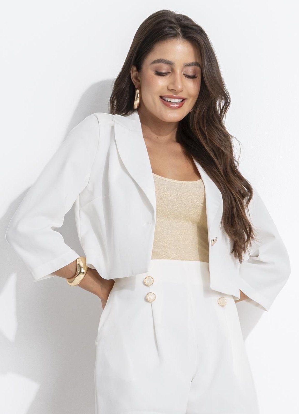 Vista 2 Casaco Em Crepe Plano Quintess Off White branco white Quintess branco white