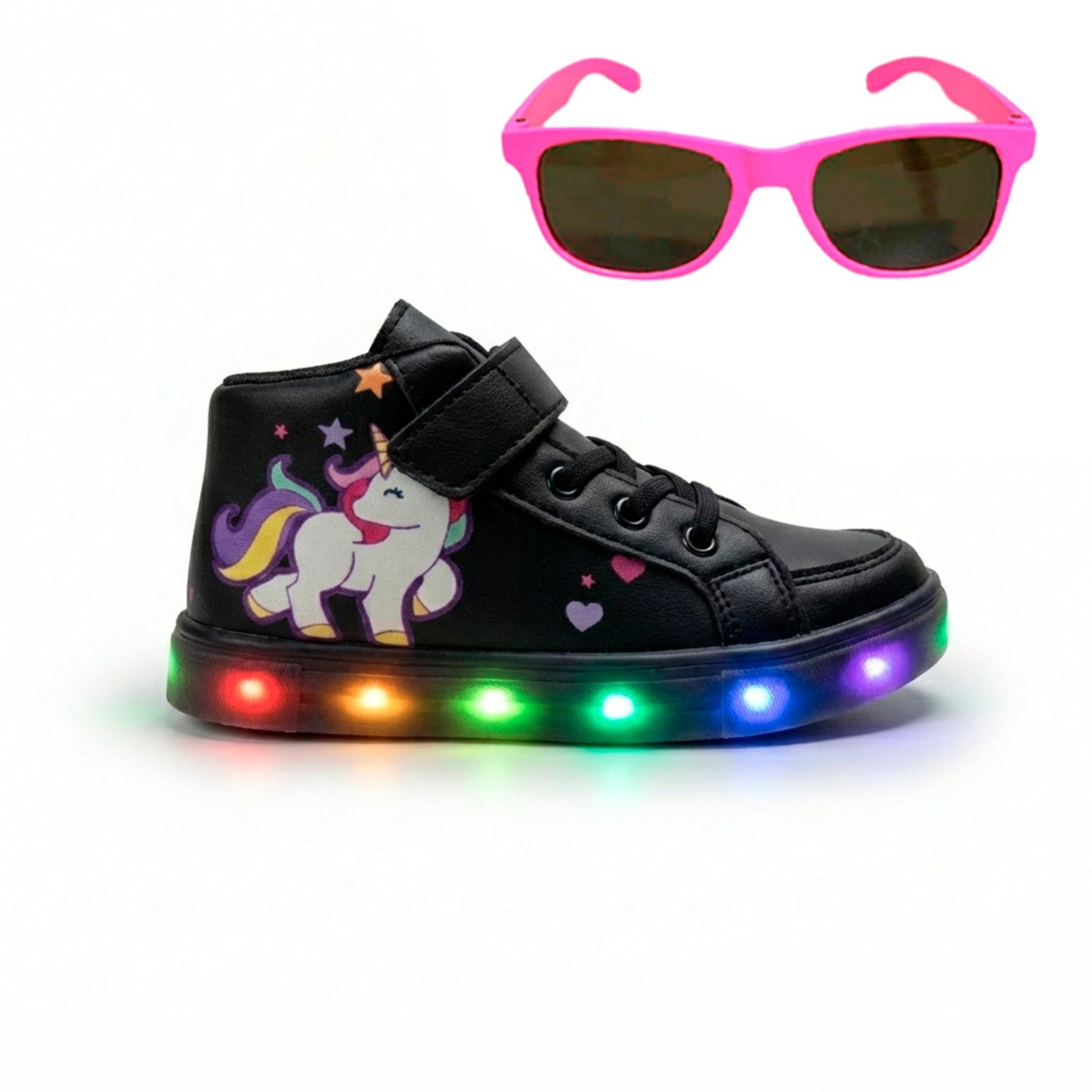 Infantil - Kit com Botinha de Led Unicórnio para Meninas Confortável + Óculos Escuros - Ideal para Uso Diário e Escolar