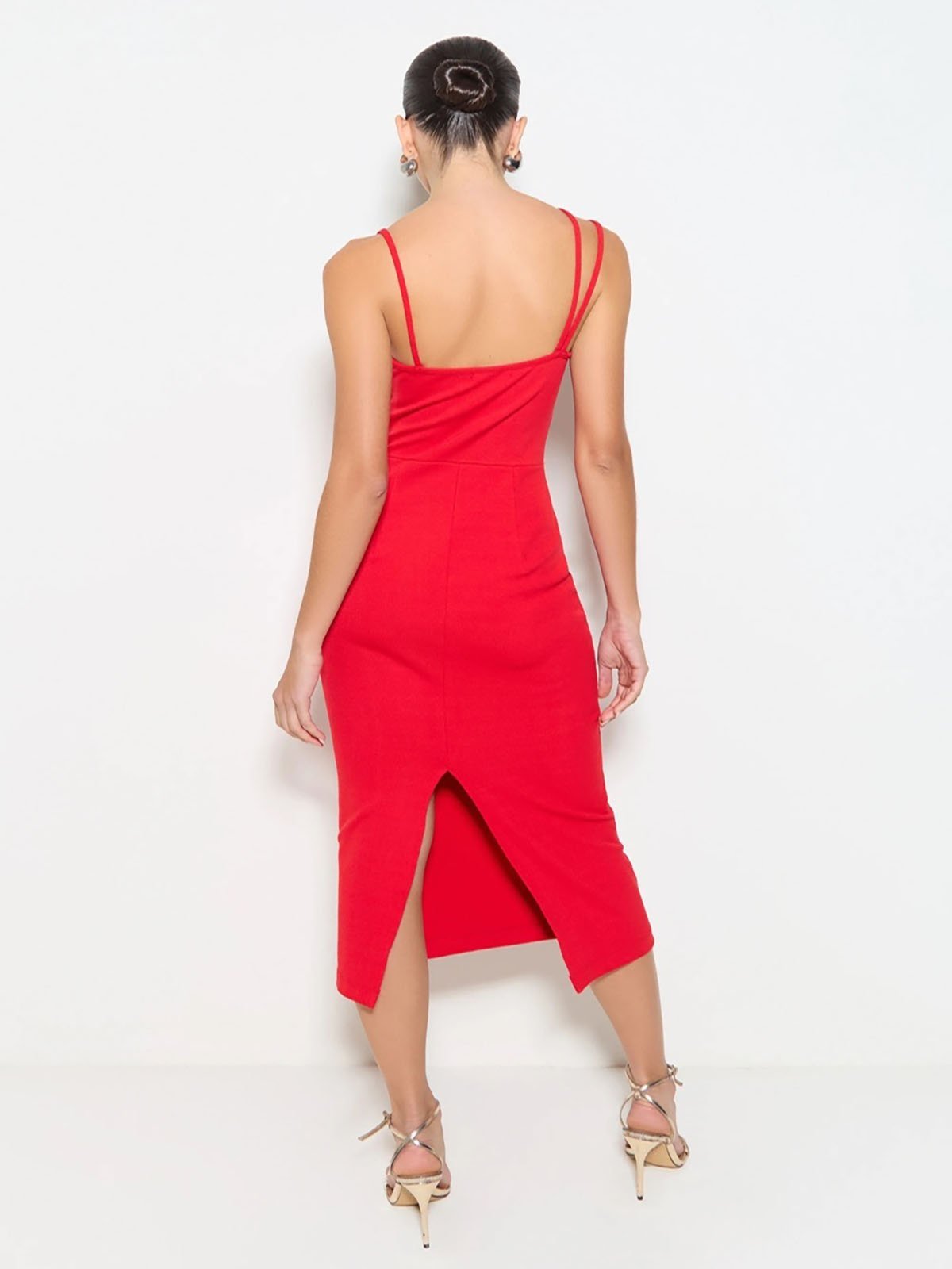 Vista 3 Vestido Midi Zen Com Decote Em Diagonal Em Malha Canelada vermelho ZEN vermelho
