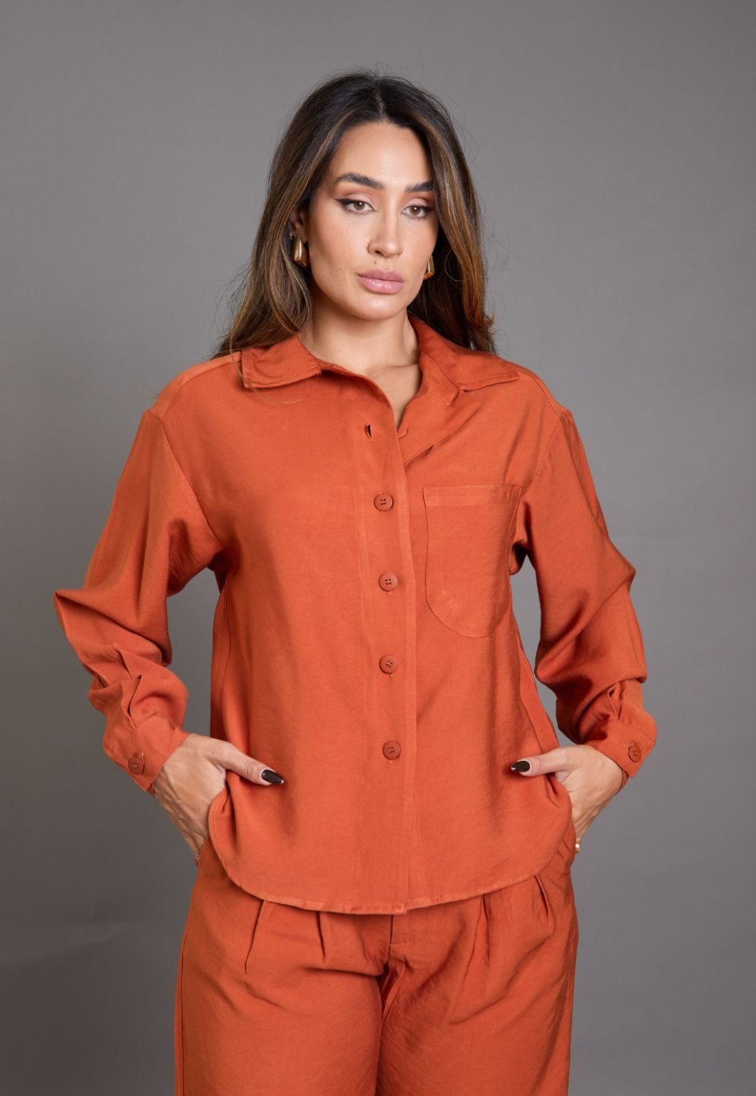Camisa Manga Longa Feminina Social Em Viscose com Bolso Dialogo Laranja