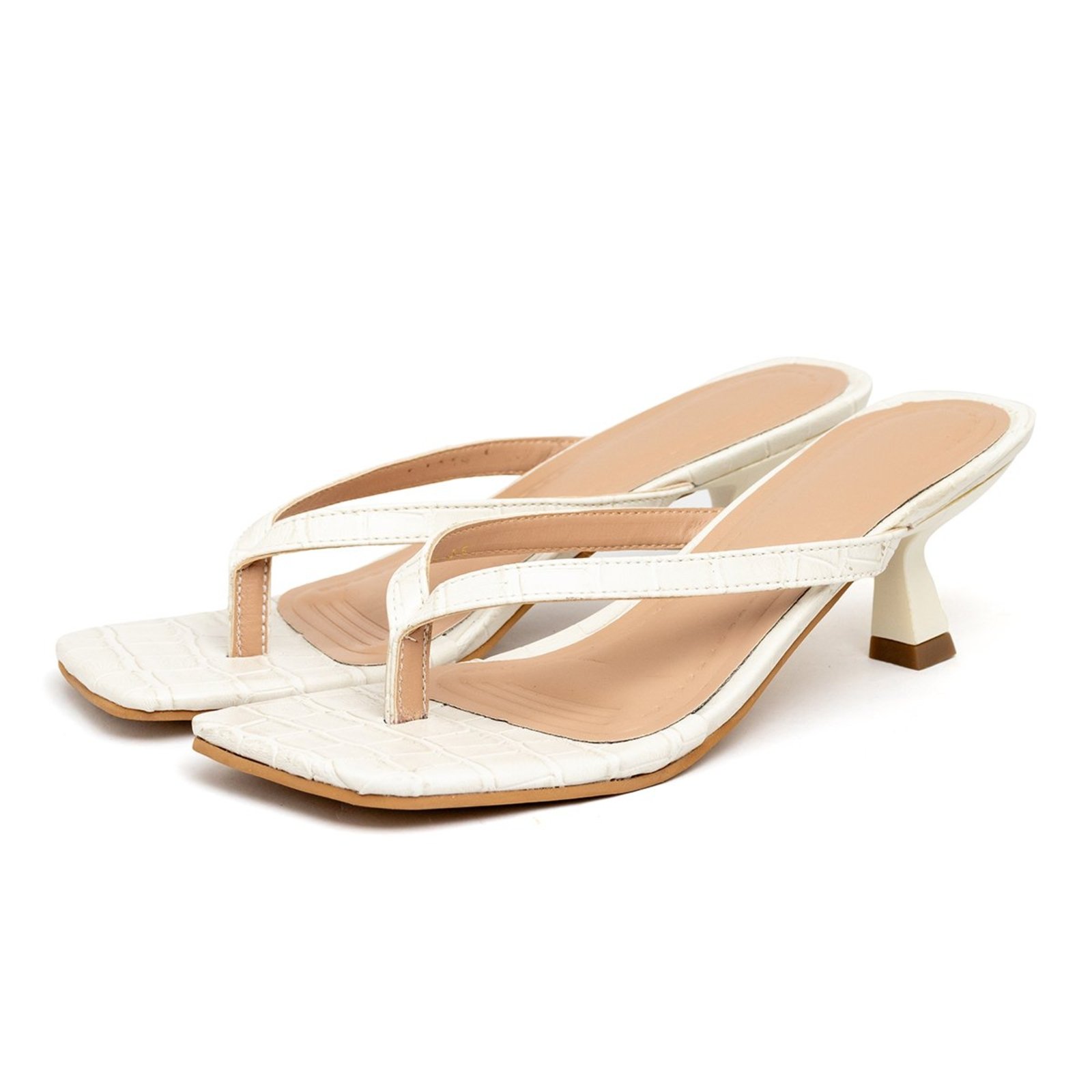 Tamanco Feminino Dedo Salto Kitten Heels 5410 Croco Off White Flor Da Pele