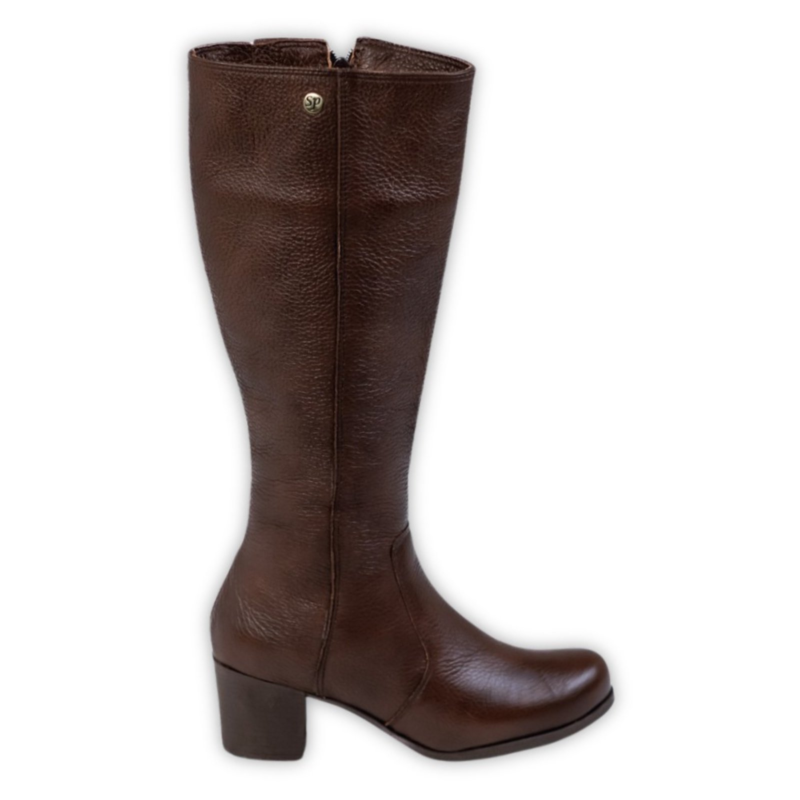 Bota Cano Longo Couro Salto 4 CM Bico Redondo Camel Spinelli