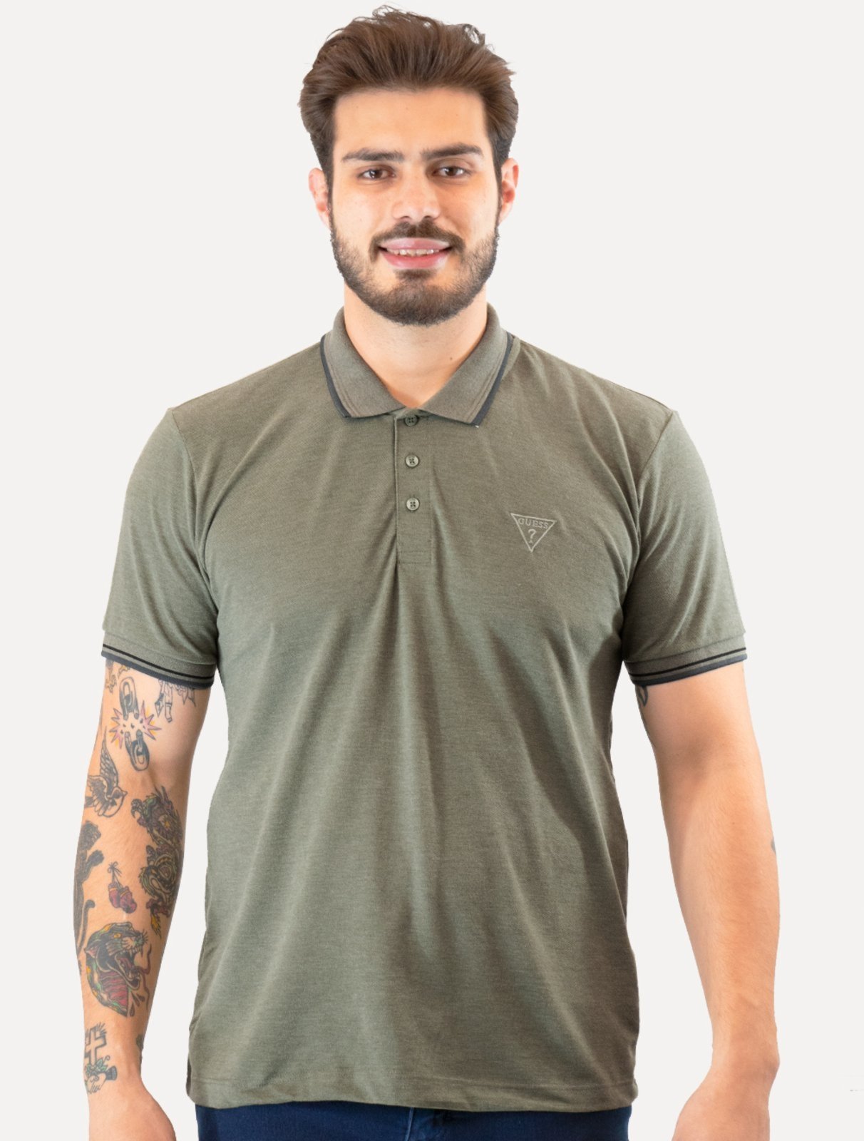 Polo Guess Masculina Piquet Frisos Triangulo Bordado Verde Oliva Mescla