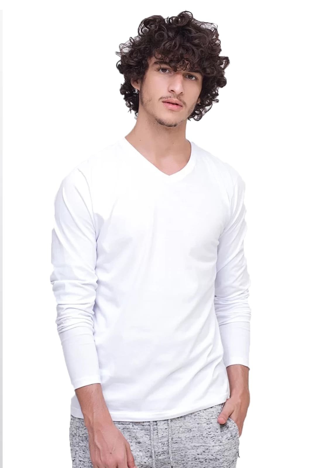 Camiseta Manga Longa Branca Gola V 100% Algodão Di Nuevo