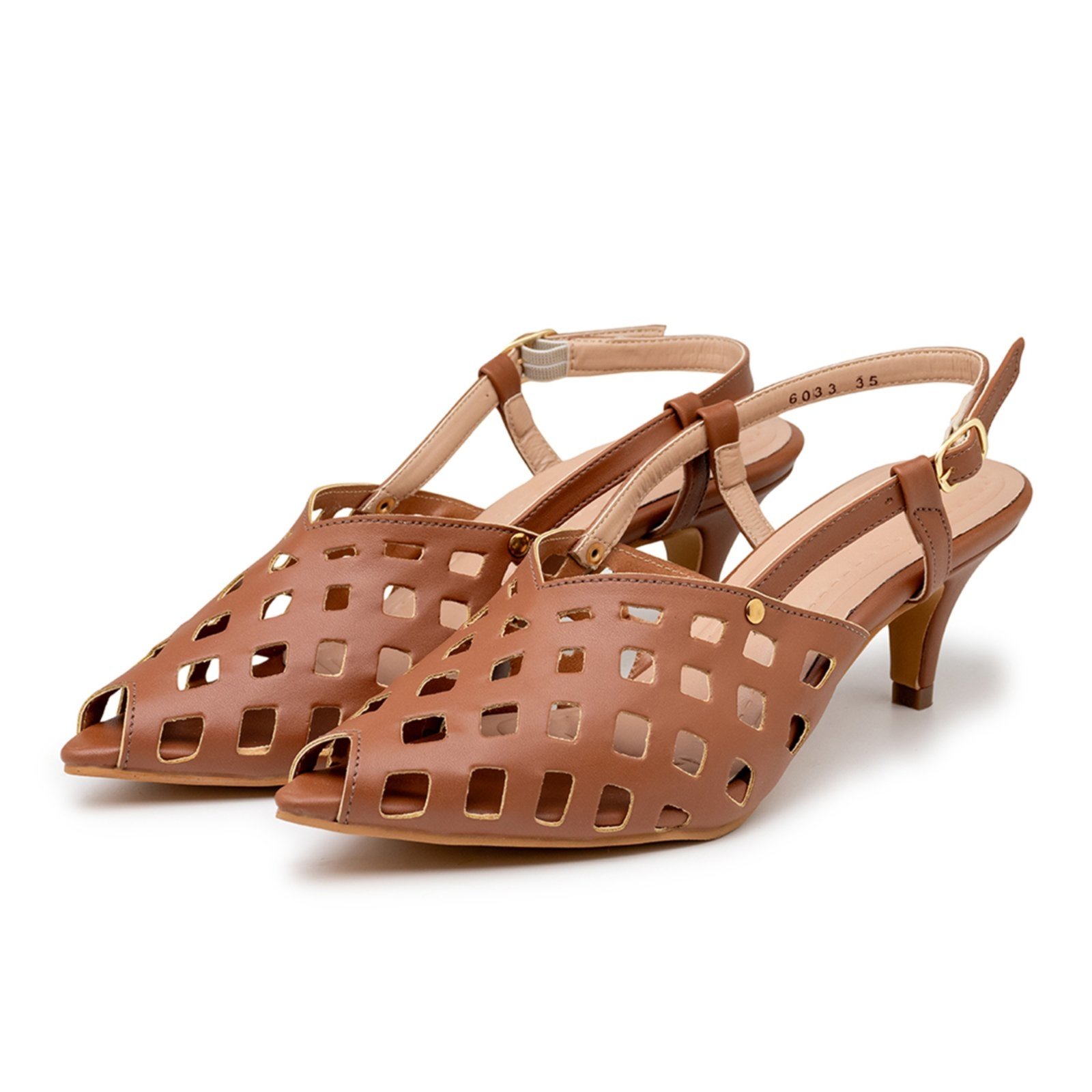 Vista 2 Scarpin Feminino Salto Baixo Fino Slingback 6033 Flor da Pele caramelo Flor da Pele caramelo