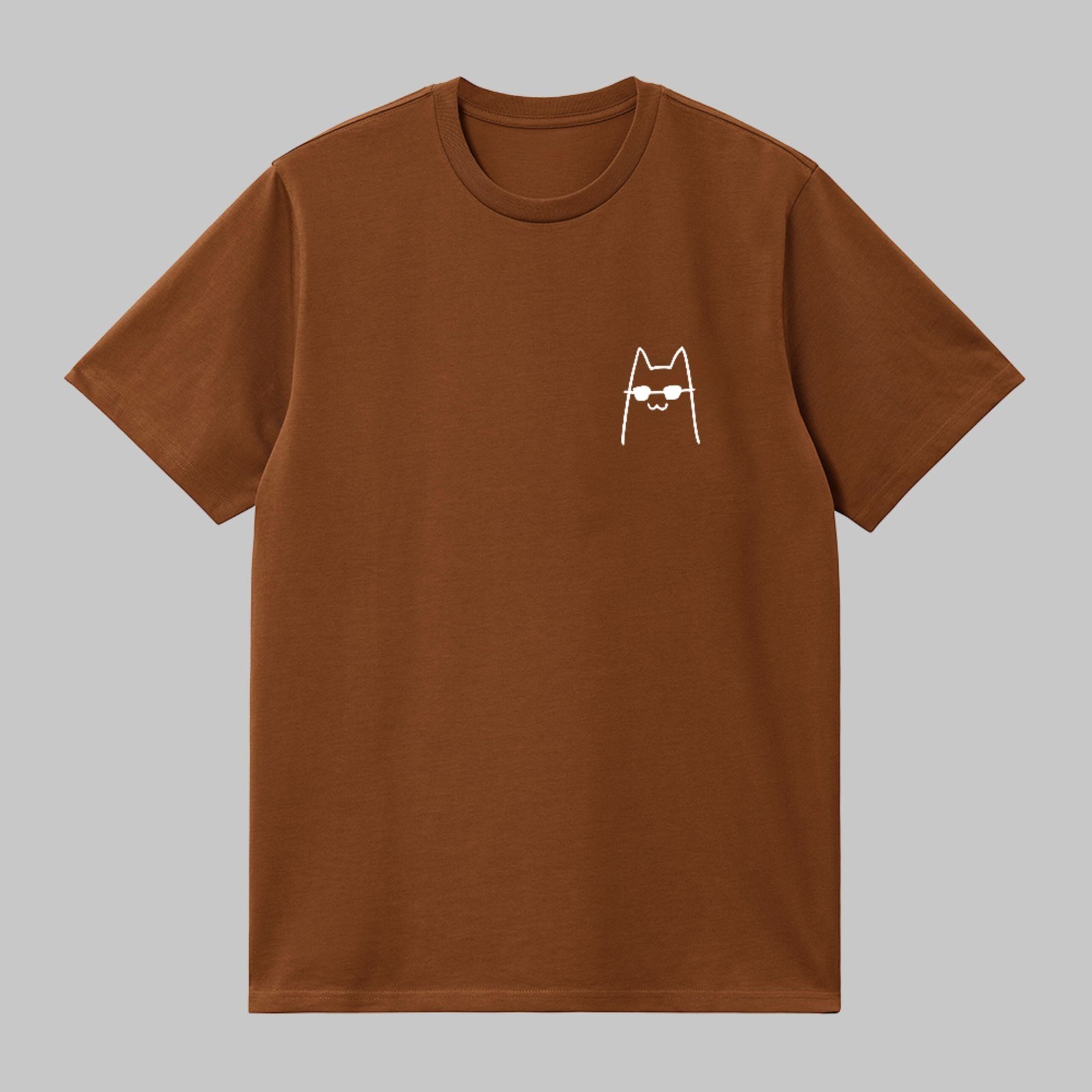 Camiseta Básica Gato Minimalista Óculos Estilo Clean Marrom