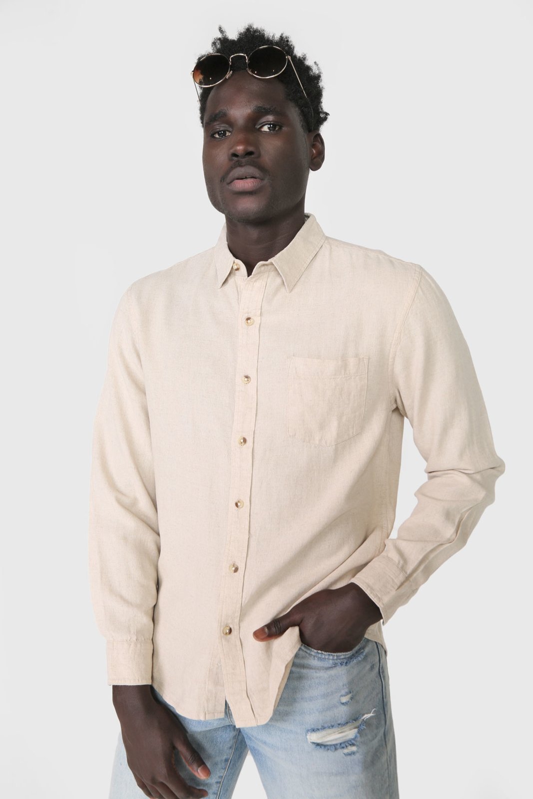 Camisa Linho Hering Reta Bolso Bege