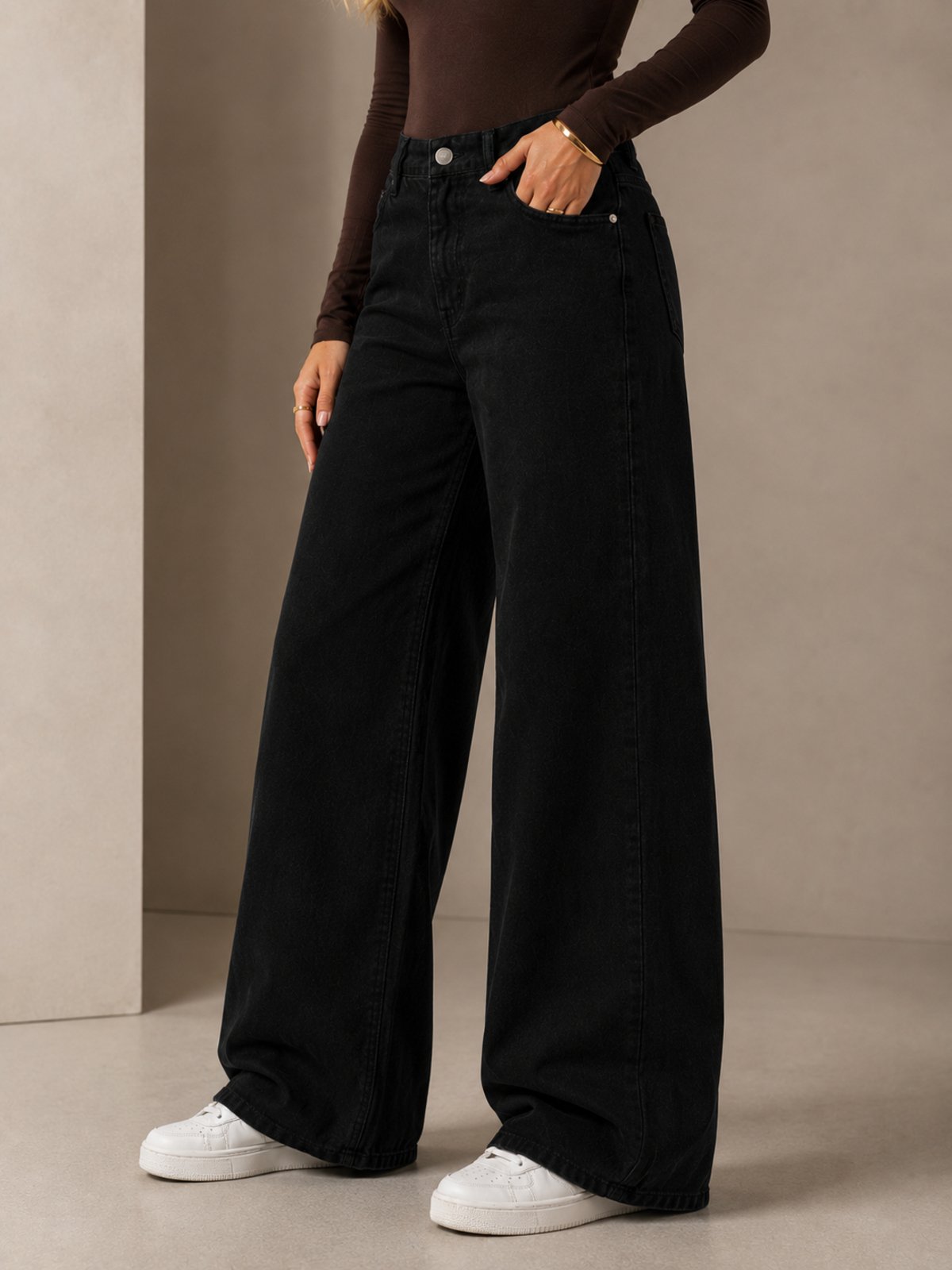 Calça Wide Leg Feminina MYS Jeans Preta Modelagem Premium