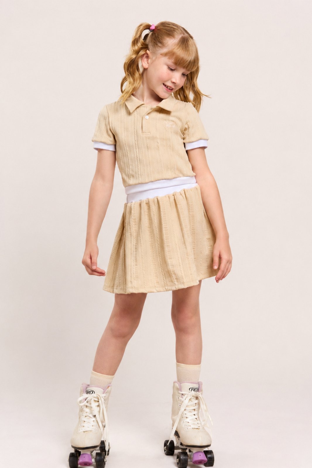 Infantil - Conjunto Menina Polo Shorts Saia Esportivo Bege