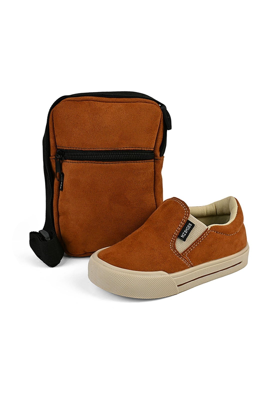 Infantil – Kit Tênis Mocassim Casual Menino Slip On Escolar Com Shoulde Bag Caramelo Mzkid