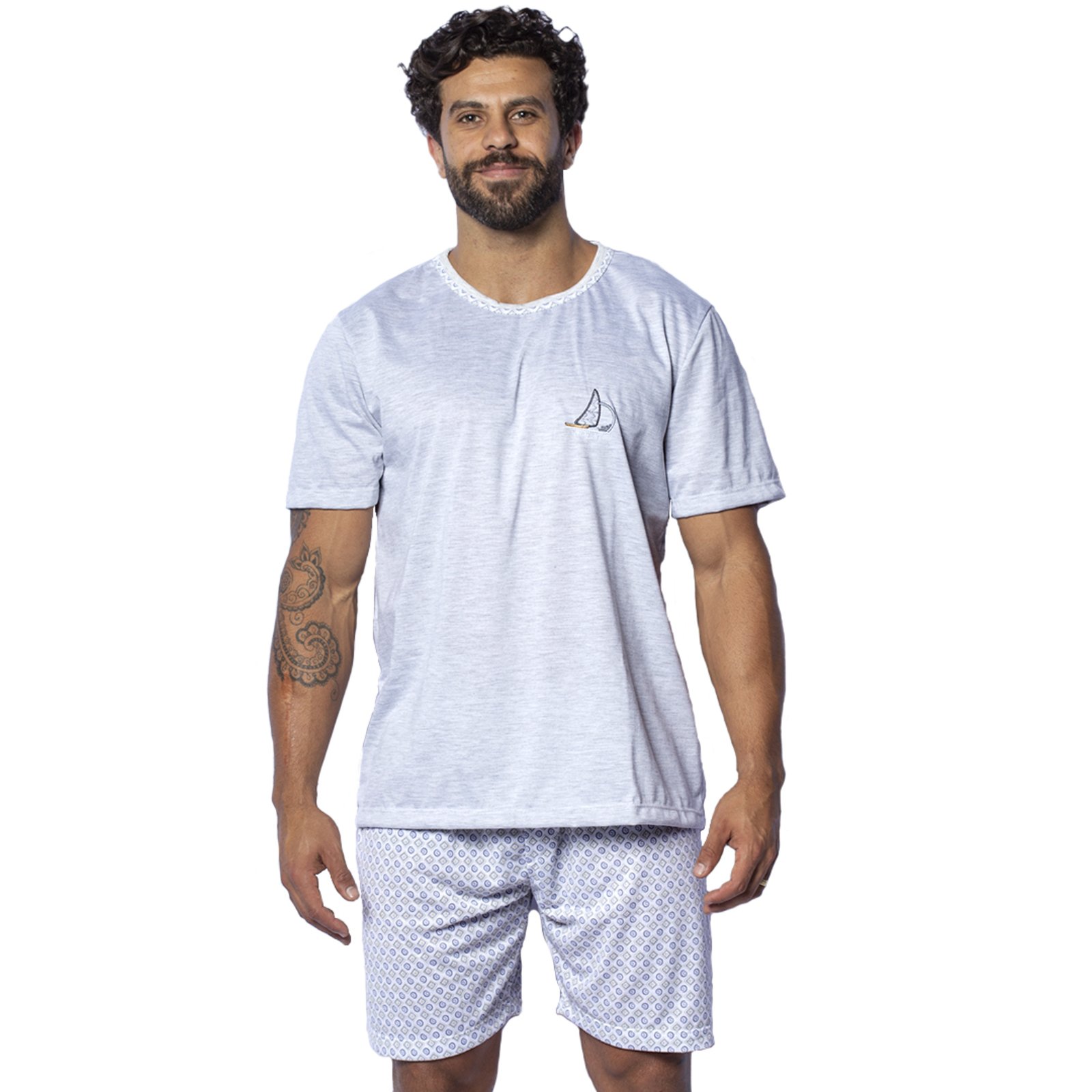 Pijama Masculino Gabi Lingerie de Malha Confortável Verão Manga Curta Poliéster Fresco Elegante Cinza