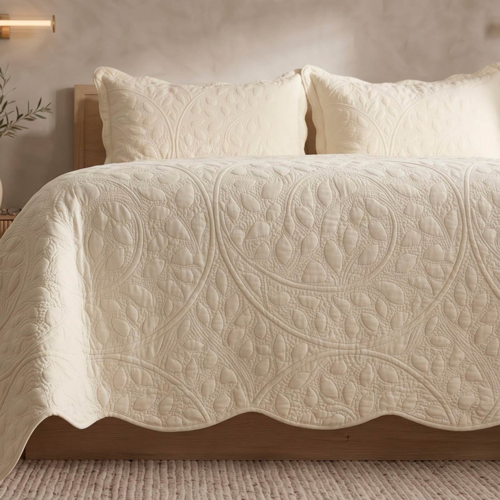 Kit Cobre Leito Vintage King Percal 300 Fios Colcha Matelassê Floral Alto Relevo 3 Peças Bege