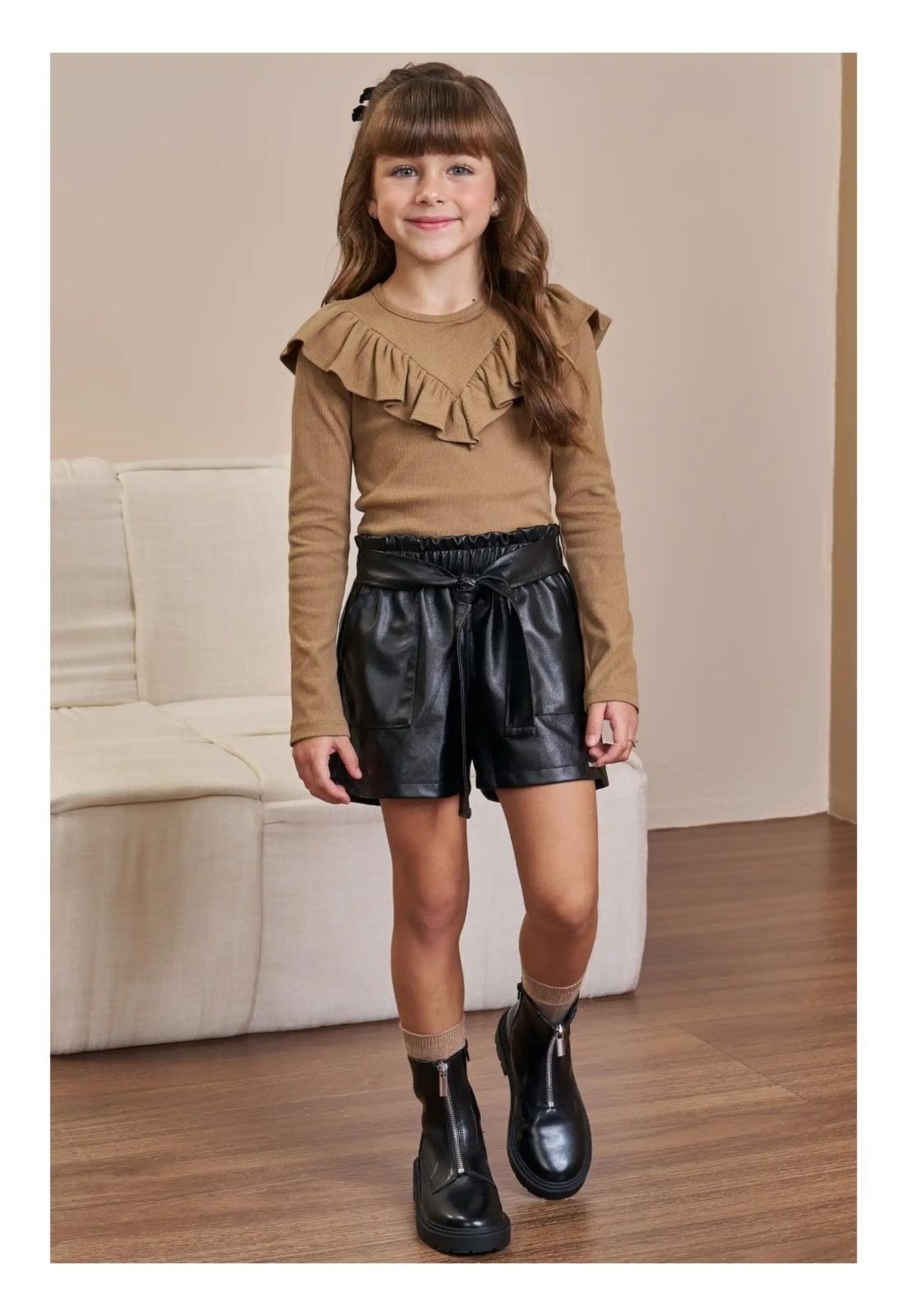 Infantil - Shorts Preto Couro com Bolsos Menina Infanti 10 Preto