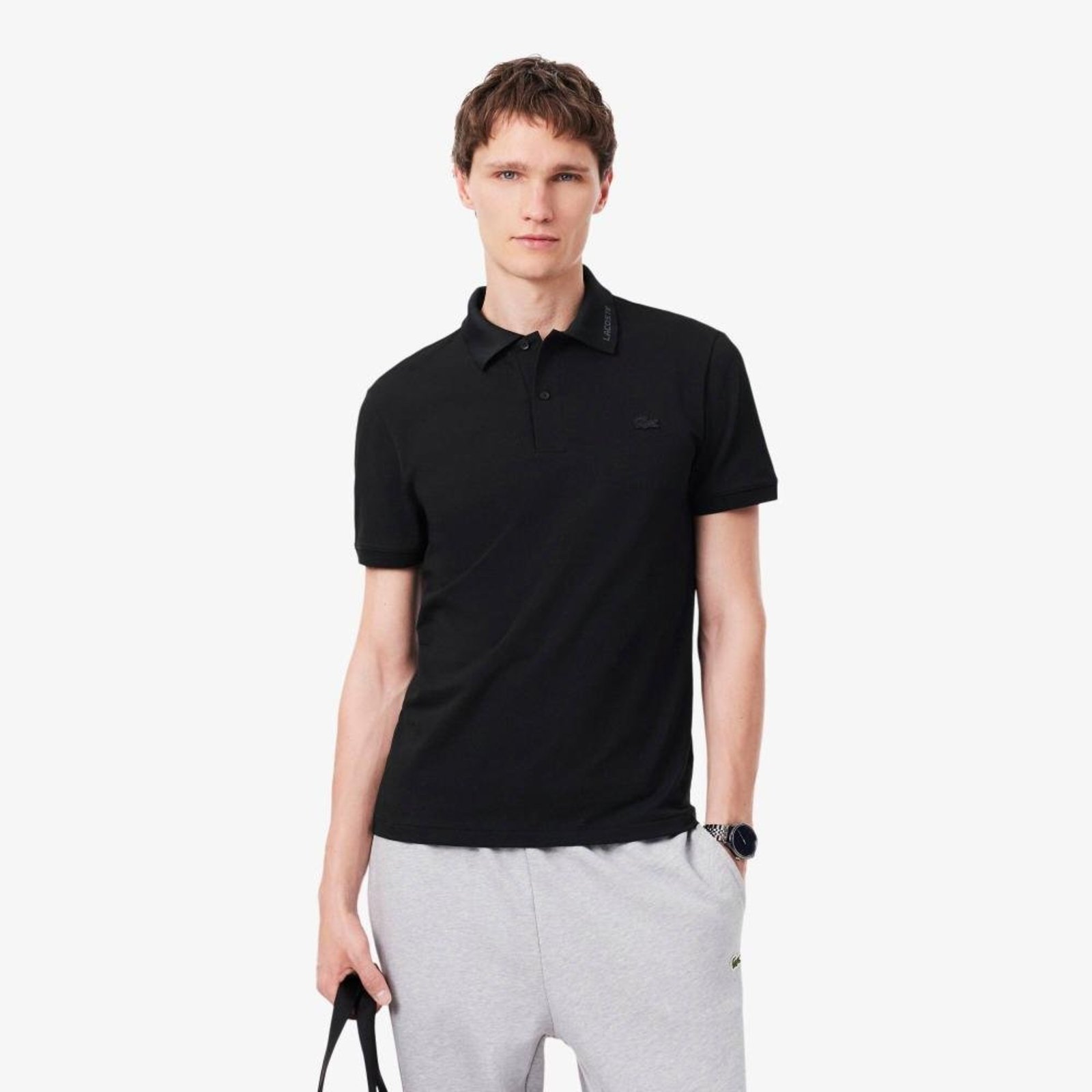 Camisa Polo Jacquard Lacoste Slim Fit com Marca Preto