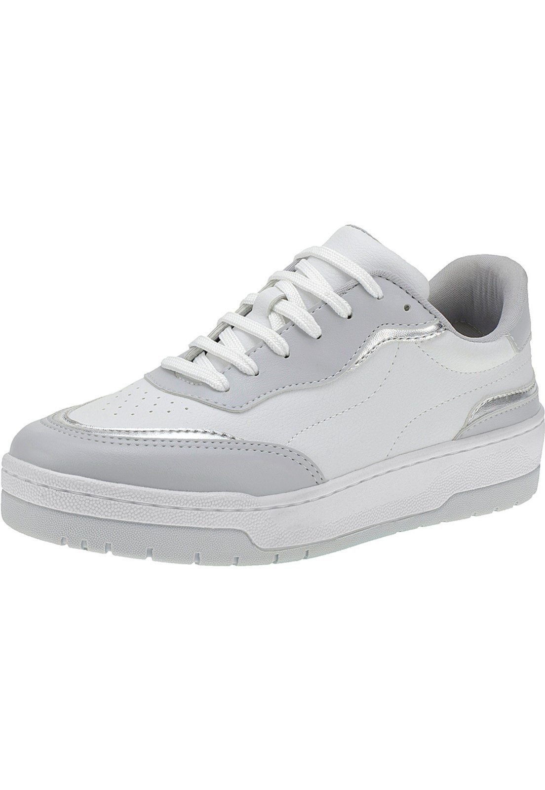 Tênis Lóris Shoes Feminino Casual com Detalhes Metalizado Fitness Dia a Dia Academia Confortável Plataforma 26060 Branco / Prata