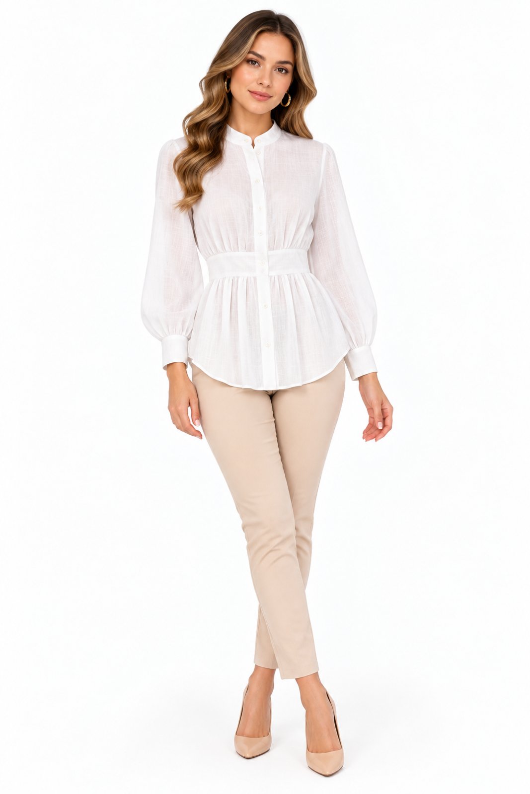 Camisa Feminina D Bell Outlet Fashion Peplum Linho Flamé Manga Longa Off White