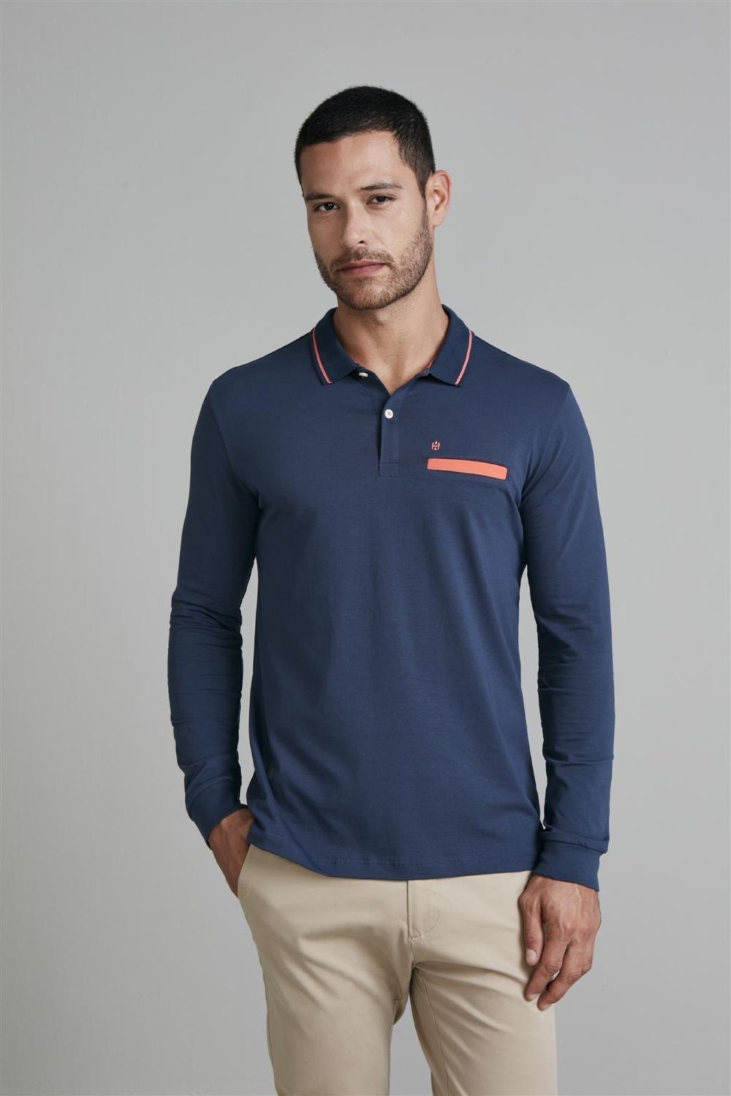 HIGHSTIL Camisa Polo Manga Longa Malha Slim Fit - Azul Petróleo