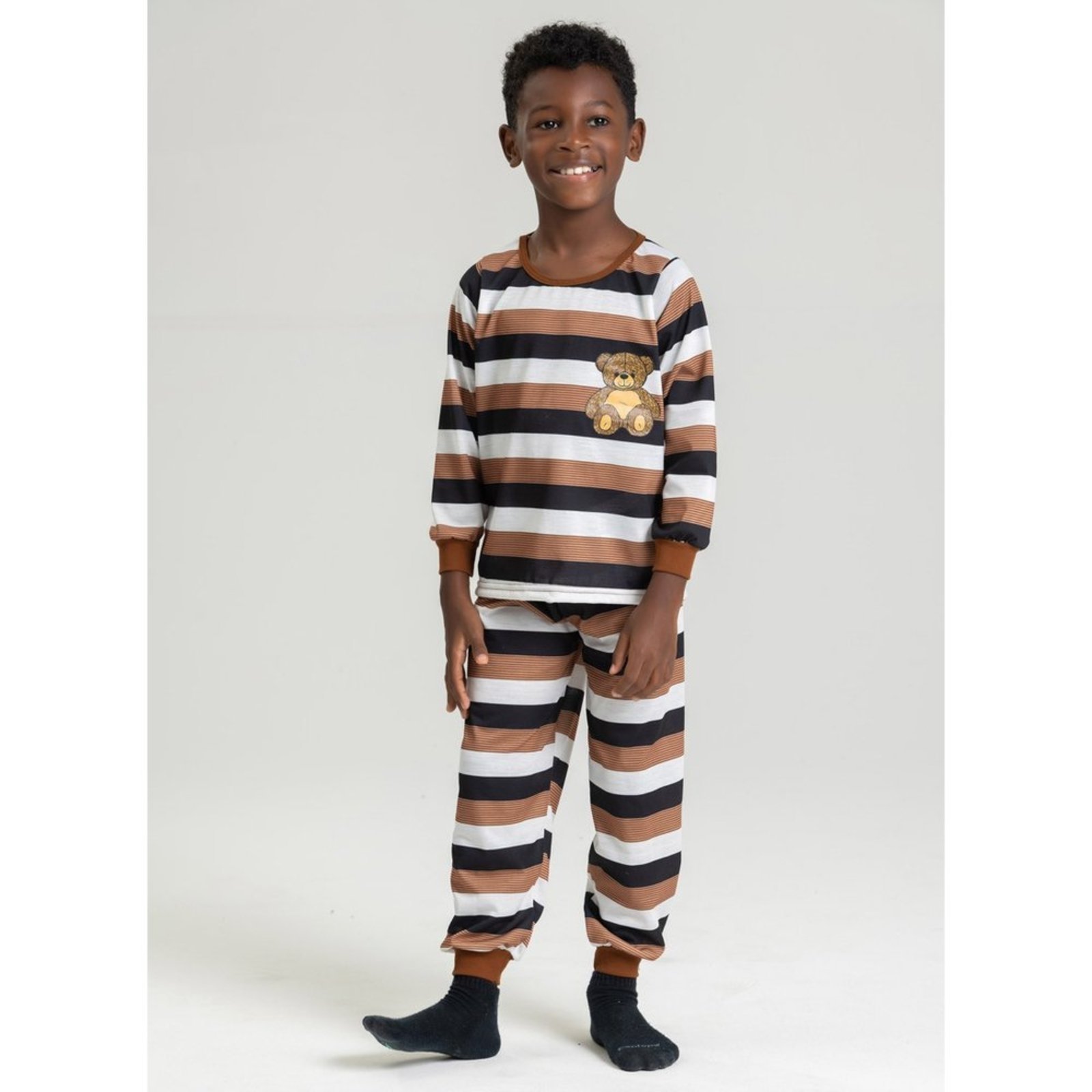 Pijama Longo Marrom Menino Ursinho com Listras