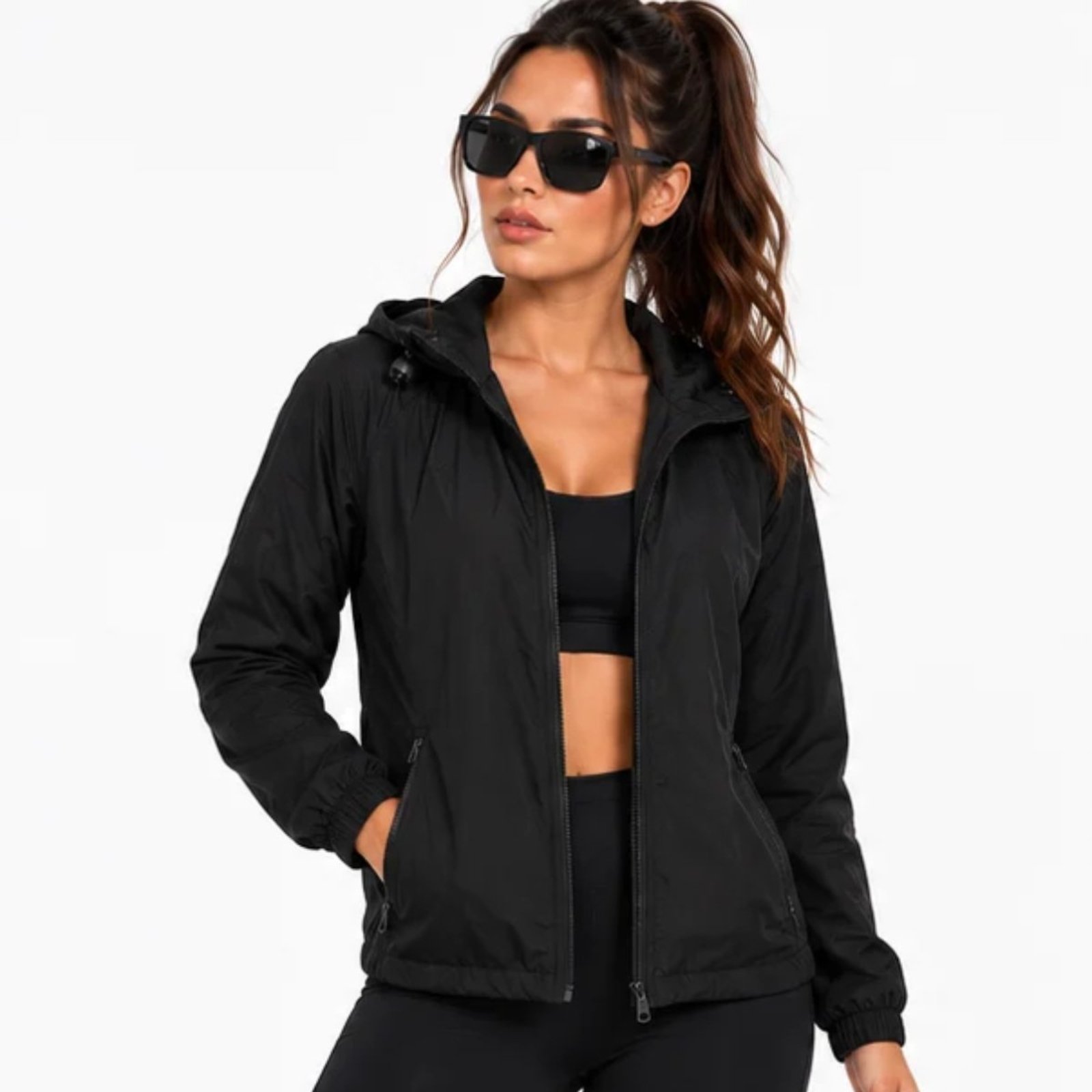 Jaqueta Corta Vento Windbreaker Feminina Fitness com Capuz Forrada Preto
