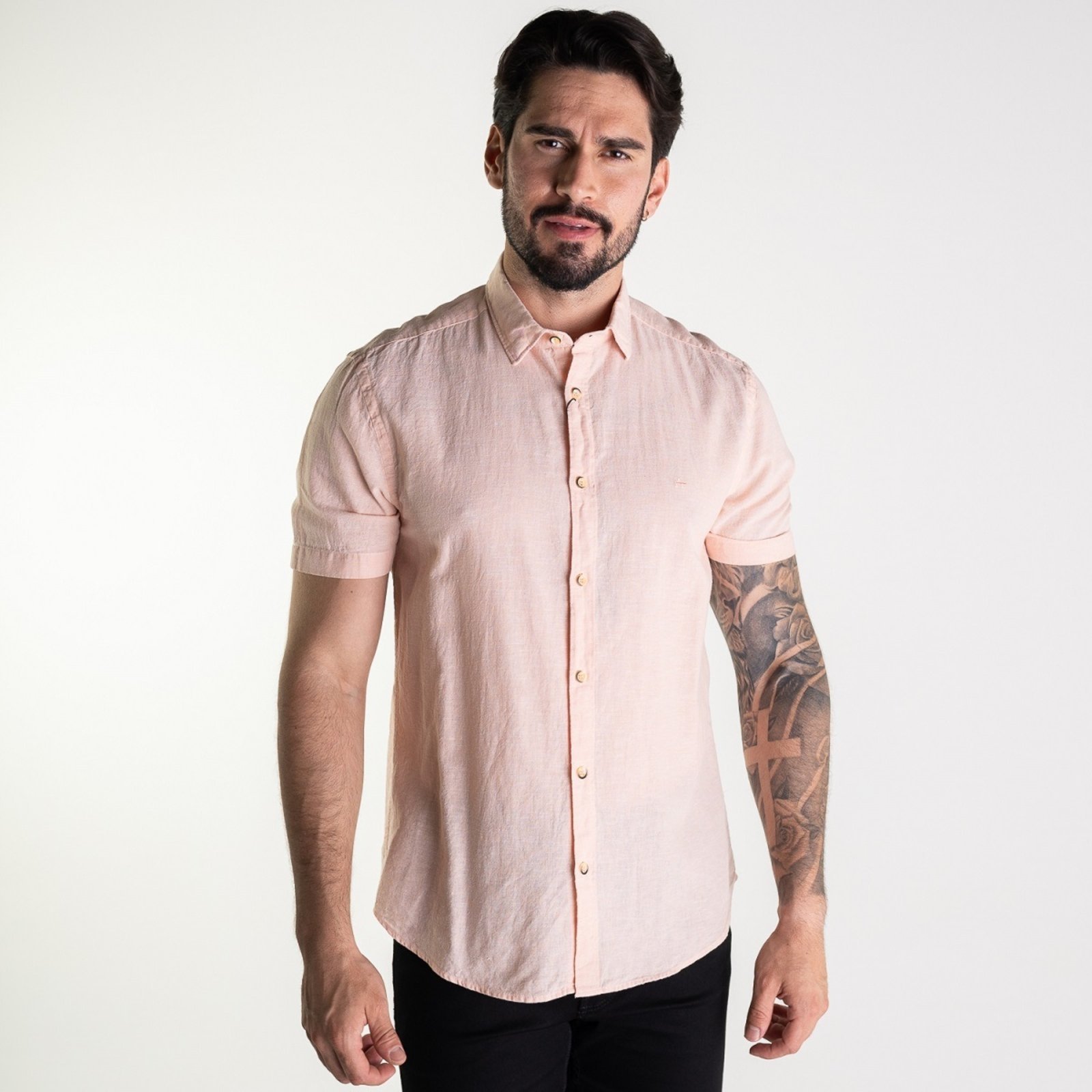 Camisa Aramis Linho Algodão Manga Curta Salmão