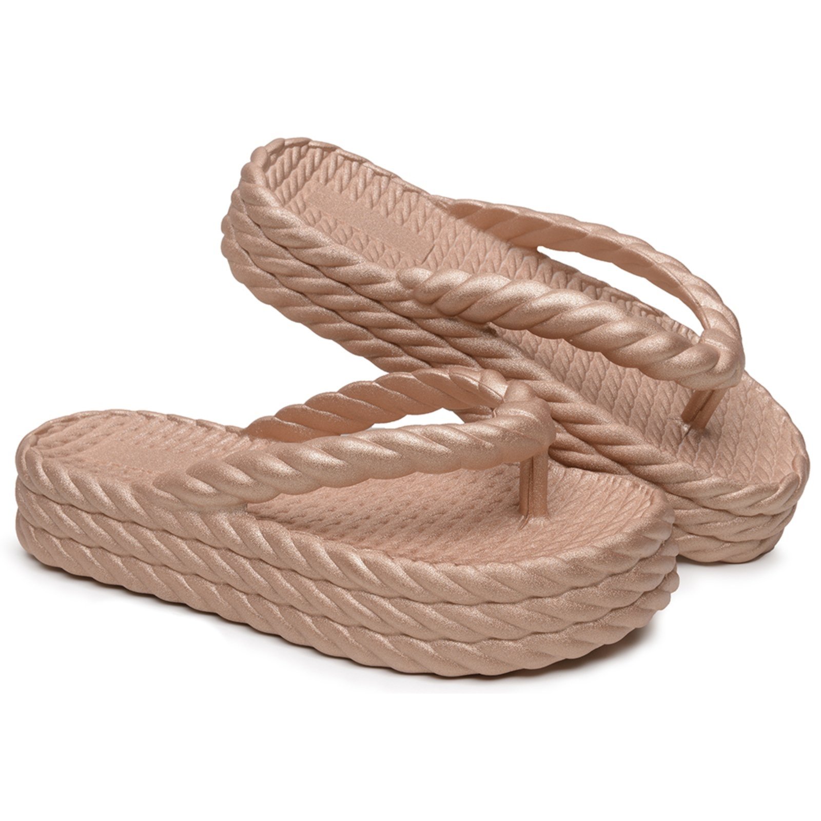 Chinelo Feminino Plataforma Anna Andrade Trançado De Dedo Casual Elegante Versátil Metalizada Rosê