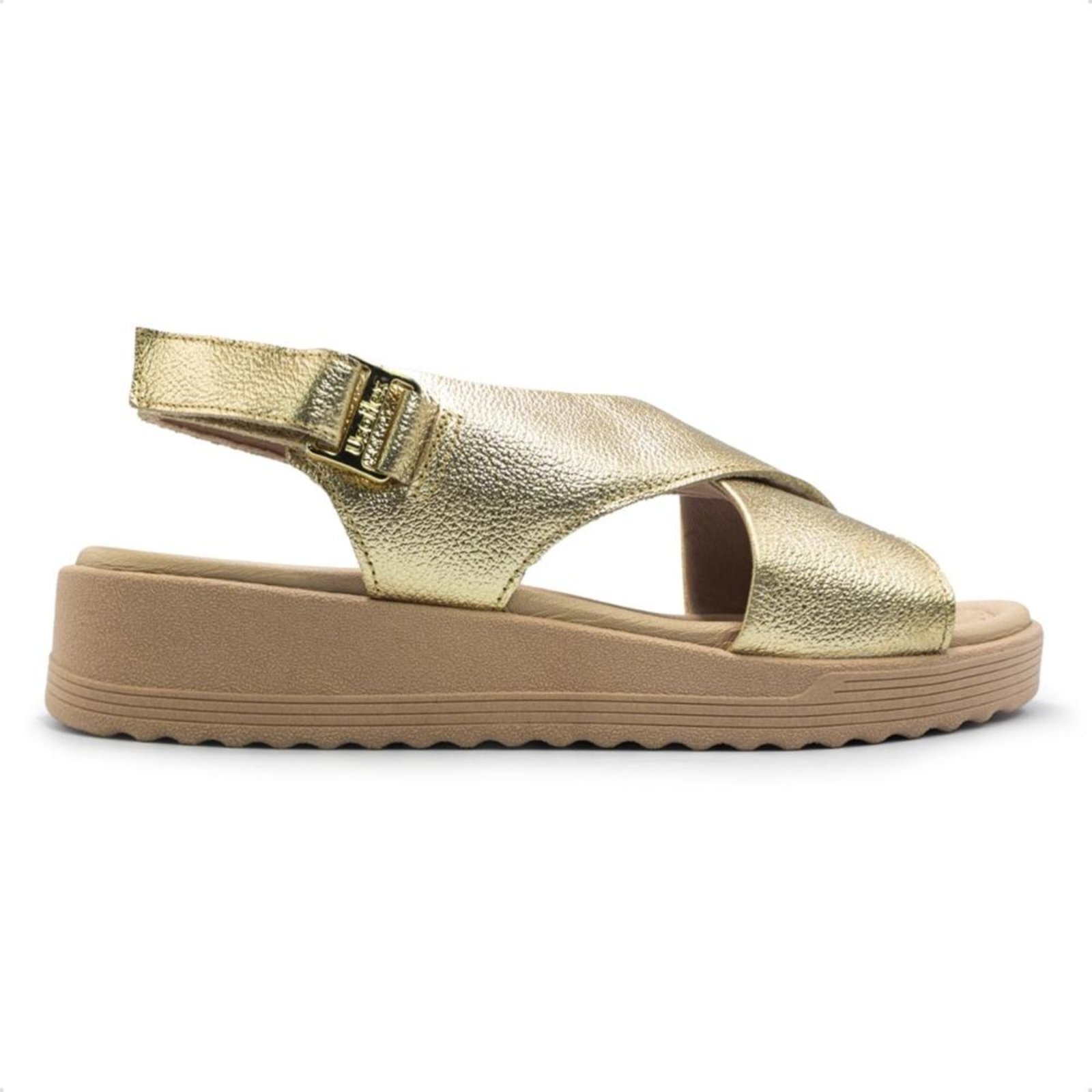 Sandália Usaflex Feminina Couro Salto Anabela Ajuste Fecho-Flex Casual MA10005 Dourado