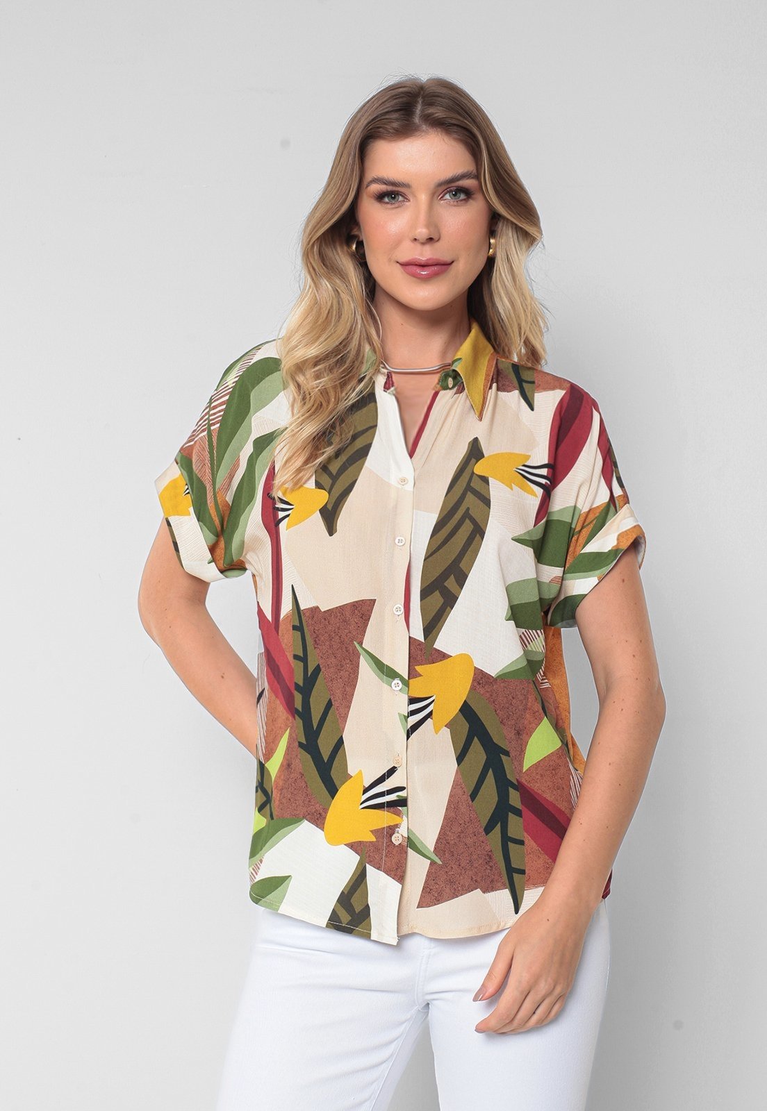 Camisa Intens Manga Curta Viscose Bege