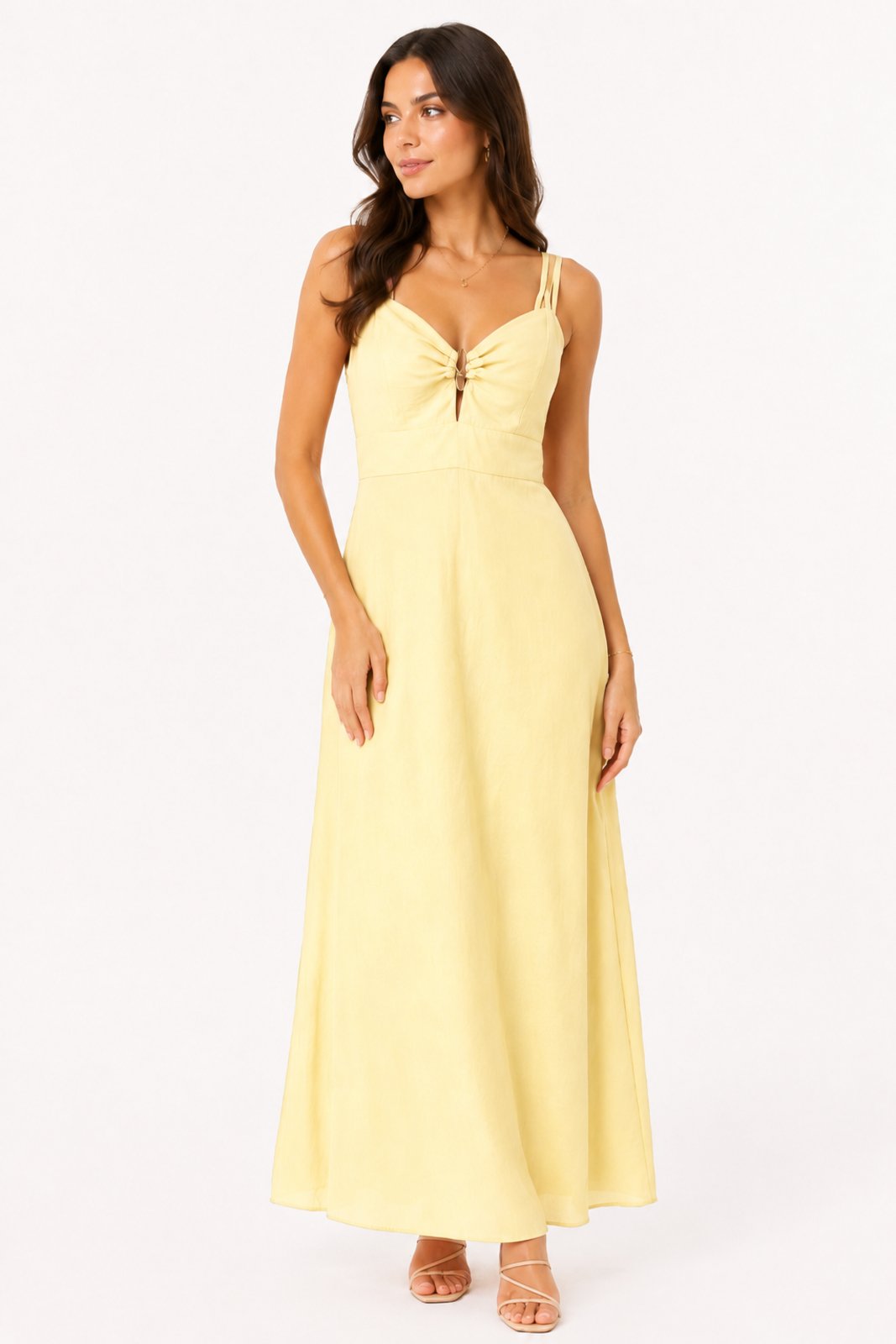 Vestido Longo de Alcinha D Bell Outlet Fashion com Bordados Amarelo