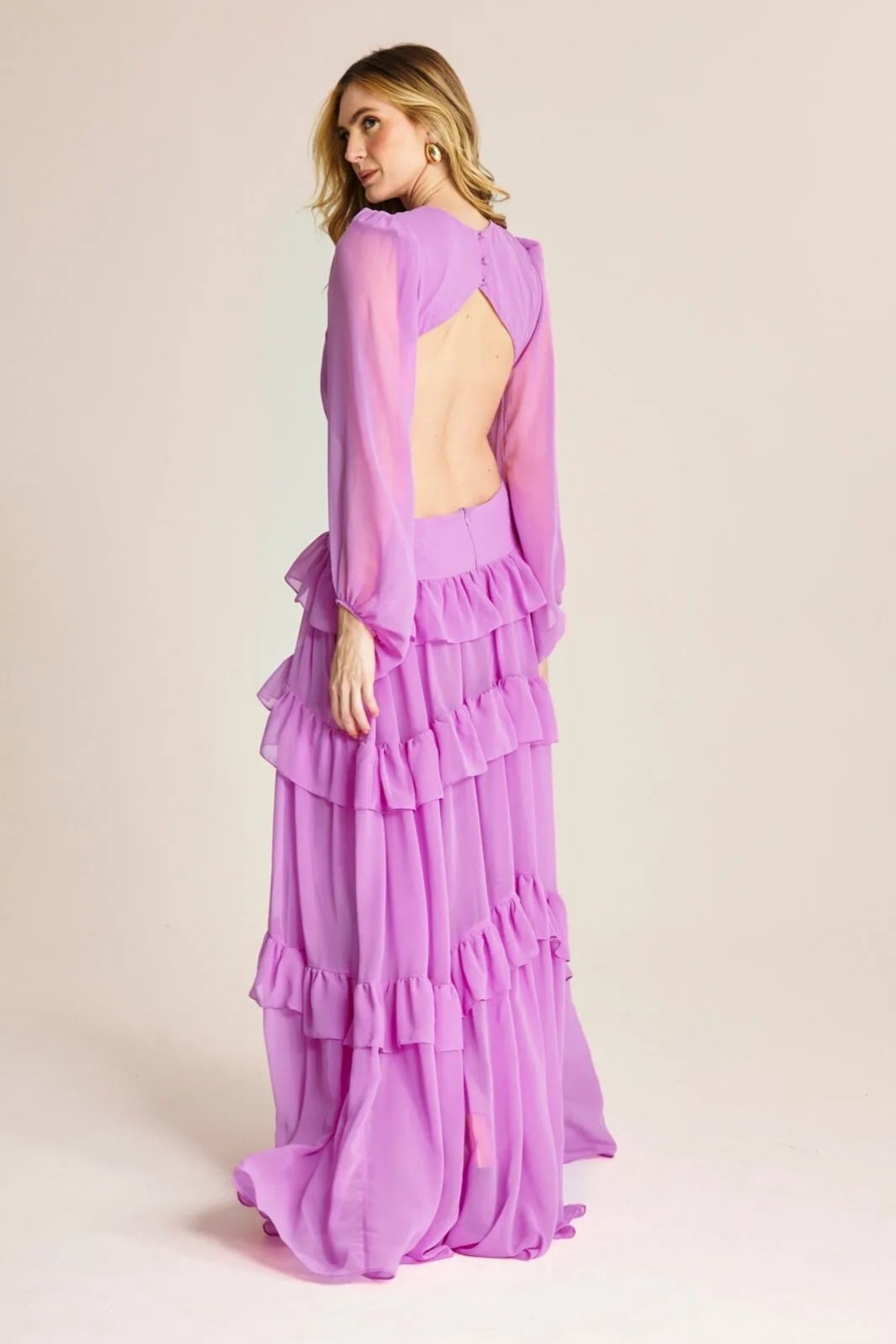 Vista 3 Vestido Longo Em Camadas E Babados Chifon Tina -Festa VIC BRAND pink VIC BRAND pink
